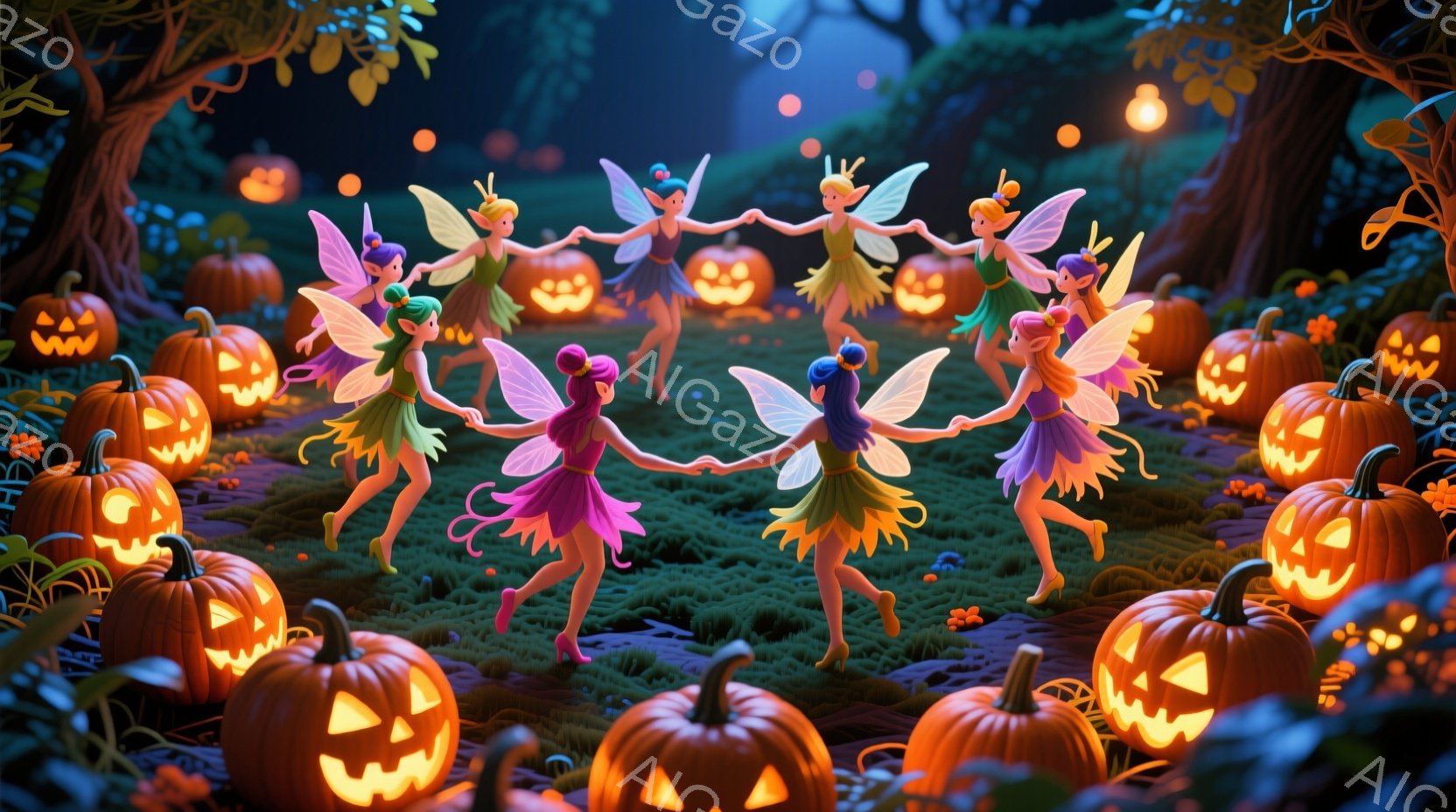 夜の森の中で、妖精たちが手をつないで輪になって踊っています。ピンクと紫のドレスを着ており、それぞれ金色の髪とエメラルドグリーンの瞳を持っています。周囲にはたくさんのジャック・オ・ランタンが配置され、幻想的で少し不気味な雰囲気を醸し出しています。