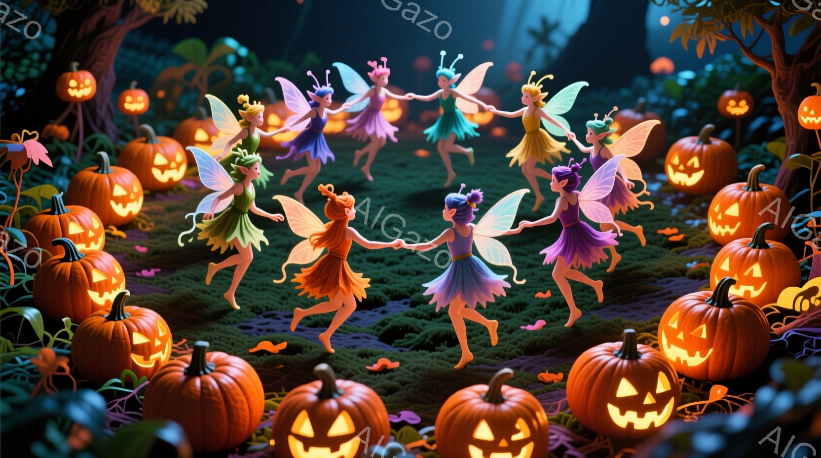 複数の妖精たちが緑の草の上で輪になって踊っています。彼らはそれぞれ異なる色のドレス（オレンジ、紫、ピンクなど）を着ており、髪には花飾りをつけています。背景には、たくさんのジャック・オー・ランタンが輝き、幻想的でハロウィーンらしい雰囲気を作り出しています。