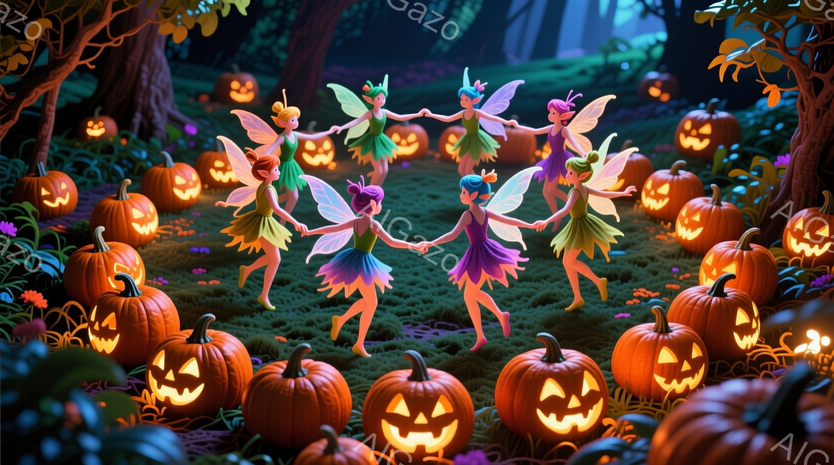 緑豊かな森の中で、ハロウィーンのランタンであるたくさんのジャック・オー・ランタンに囲まれた妖精たちが円になって踊っている様子が描かれています。妖精たちはカラフルなドレスを着ており、それぞれ異なる髪の色 - AI生成フリー素材