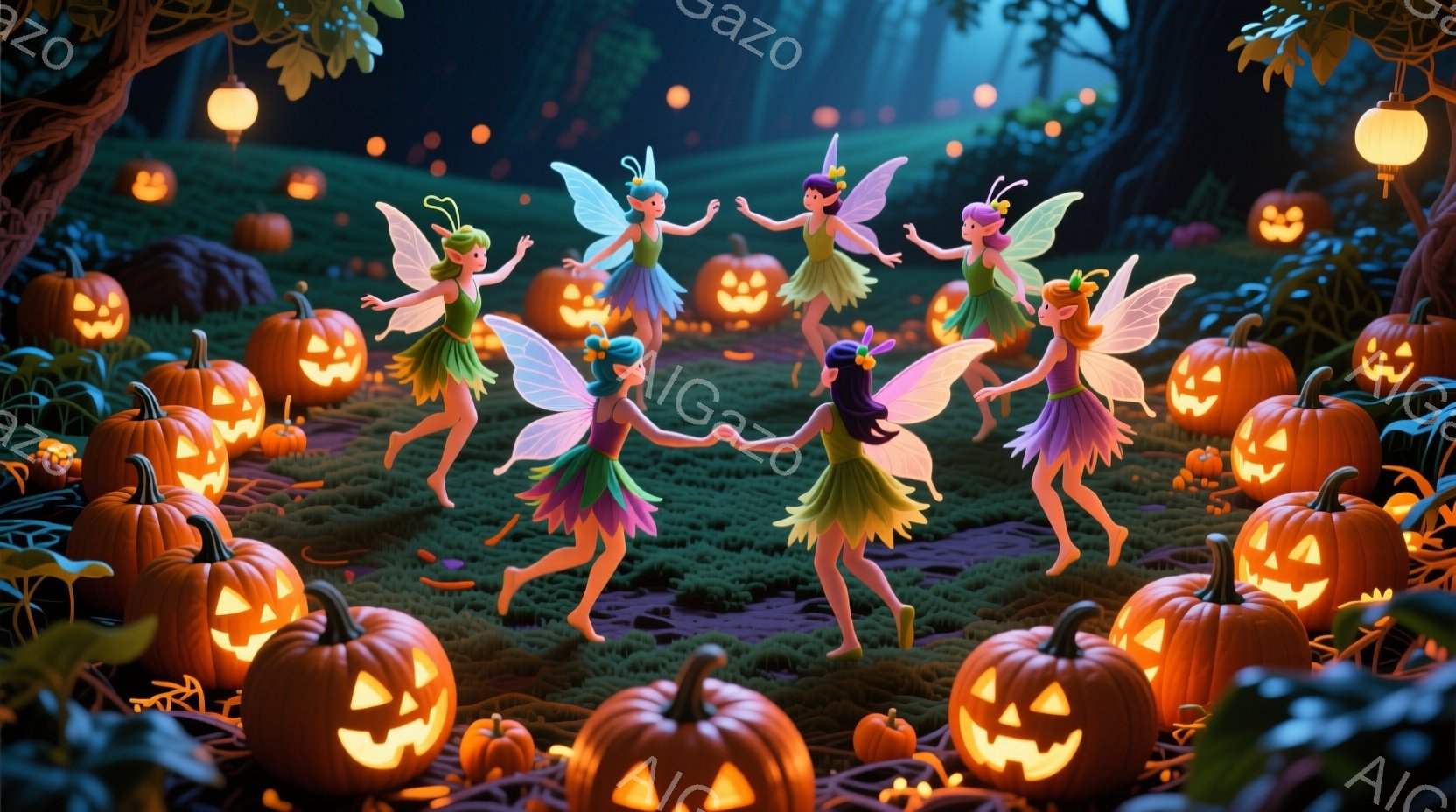 妖精たちが輪になって踊っており、それぞれ緑と紫のチュールスカートと、花飾りをつけた髪をしています。周囲には様々な大きさのジャック・オ・ランタンが並び、背景には木々が見える夜の森が広がっています。全体的に幻想的で、お祝いムードに満ちた雰囲気です。