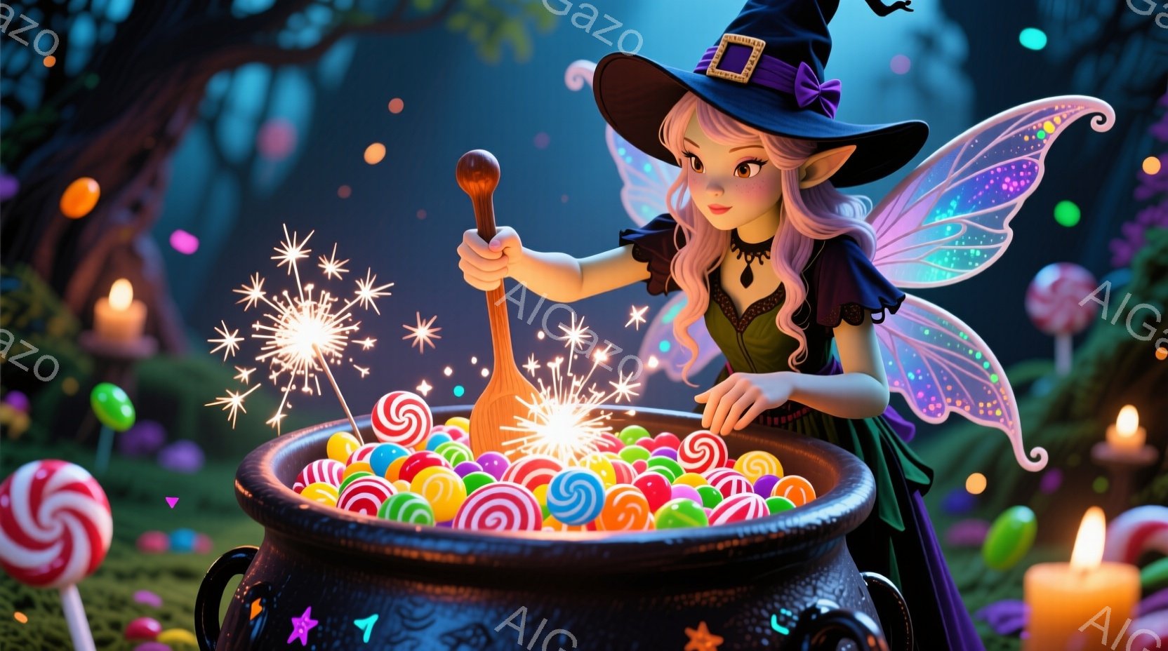 少女は緑のドレスと黒い帽子を身につけ、カラフルなキャンディで満たされた大きな鍋の前で魔法の杖を振っています。彼女の紫色の髪はゆるやかにカールし、顔には集中した、少しいたずらっぽい表情が見られます。背景にはキャンドルや光るキノコがあり、ファンタジックで遊び心のある雰囲気を作り出しています。