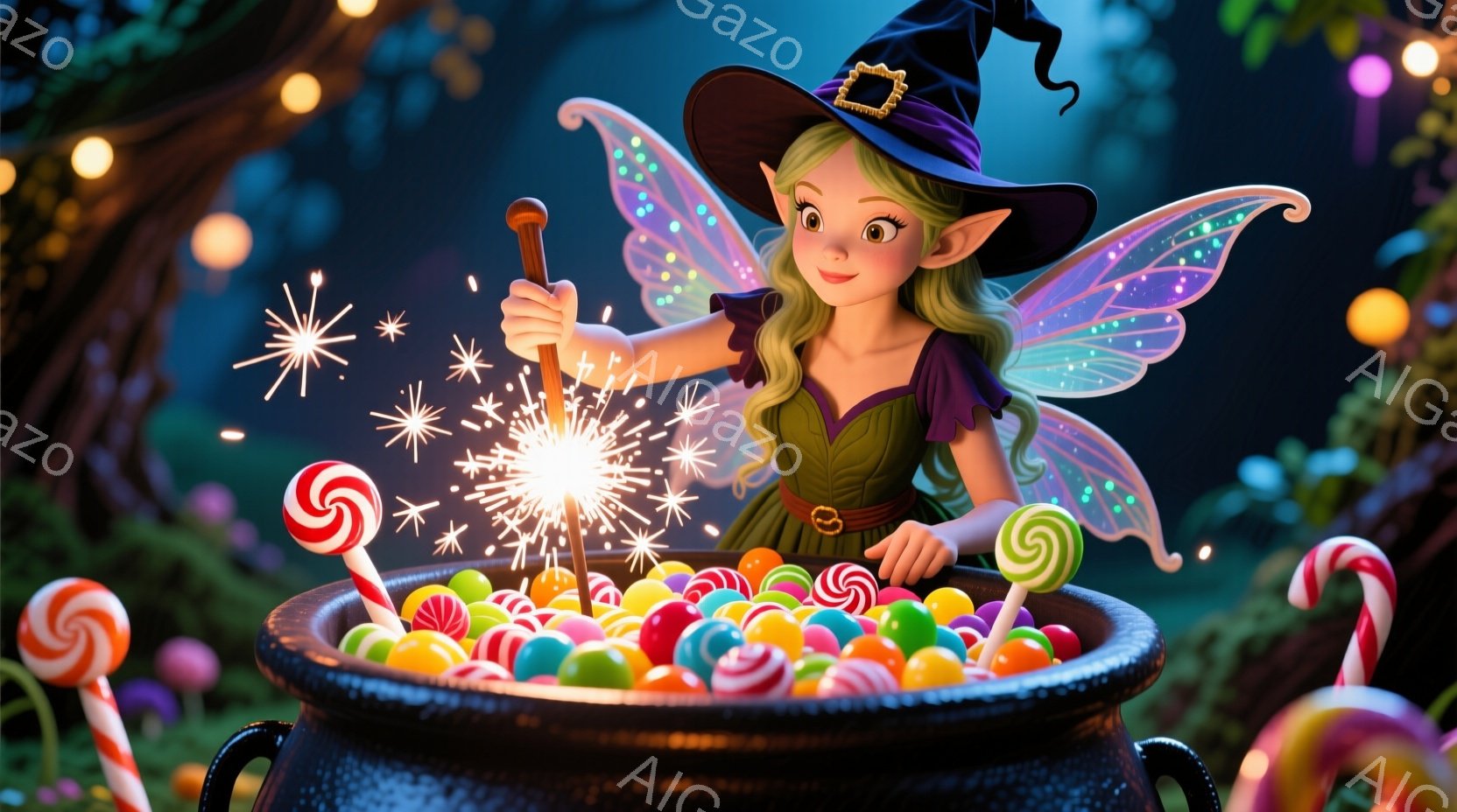 少女は緑色のドレスと黒い帽子を身につけ、半透明の羽を持っています。彼女は大きな釜の中でカラフルなキャンディーをかき混ぜており、魔法の杖から輝く星屑が飛び散っています。背景は緑豊かな森で、空には優しい光が差し込み、夢のような雰囲気を作り出しています。