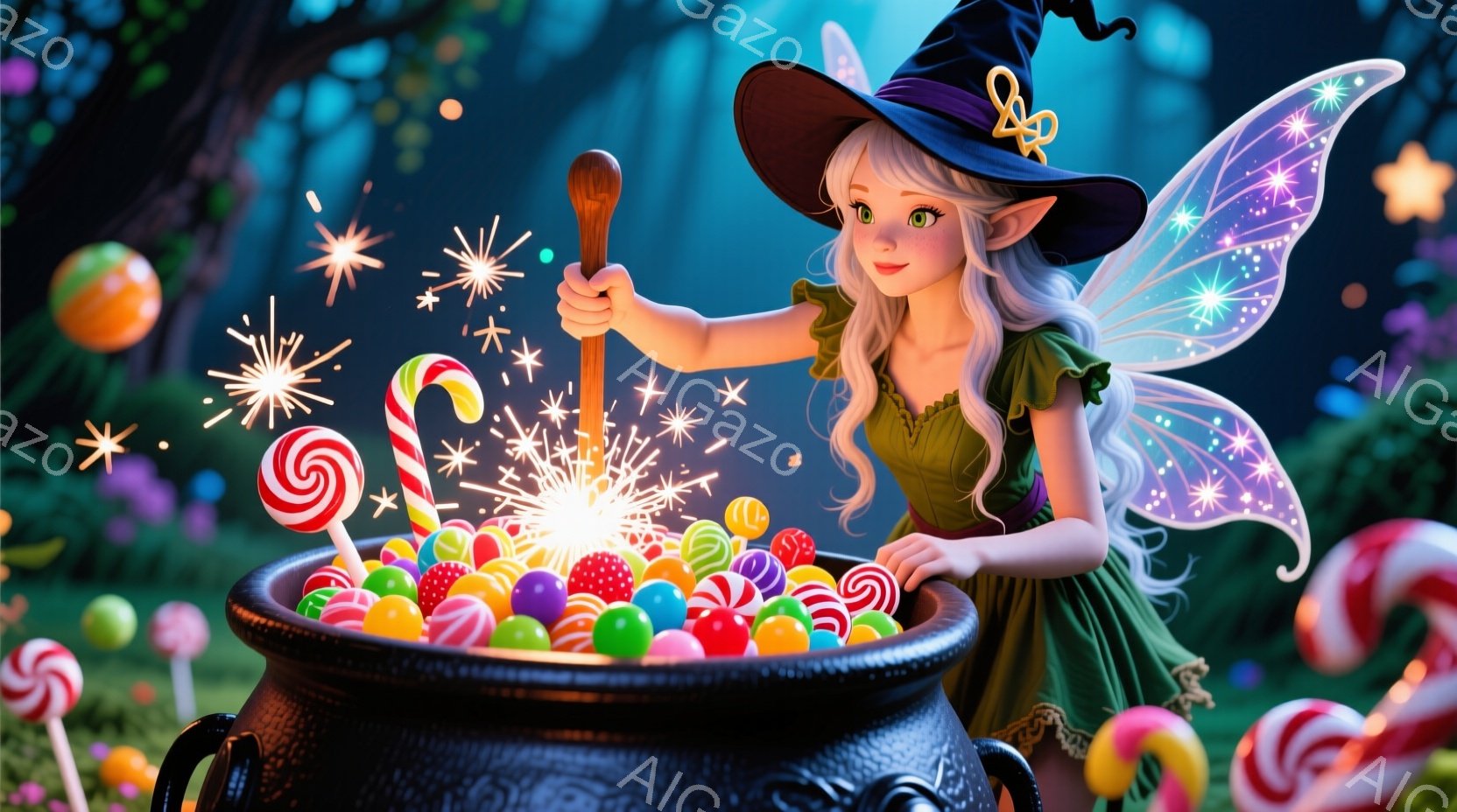 鮮やかな緑色のドレスを着た若い女性が、大きな黒い鍋をかき混ぜています。彼女は先のとがった帽子を被り、金色の巻き毛で、顔には微笑みが浮かんでいます。背景には、キャンディや光る植物に囲まれた幻想的な森が広がっており、全体的に甘くて魔法のような雰囲気です。