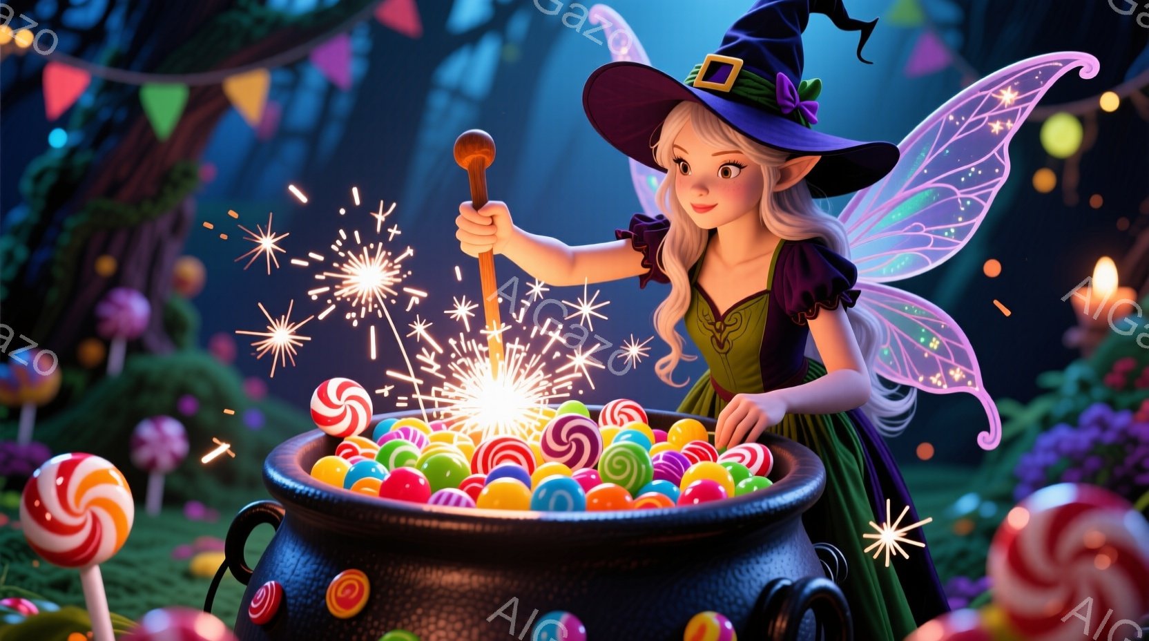 少女は緑色のドレスと紫色の帽子をかぶり、大きな鍋をかき混ぜています。彼女は妖精のような透明な翼を持ち、キラキラと輝く魔法の粉が鍋から飛び散っています。背景にはカラフルなキャンディーやキノコが点在し、幻想的な雰囲気を作り出しています。