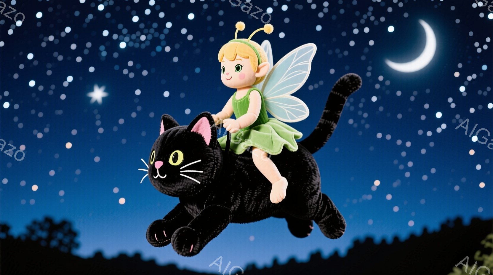 夜空を黒猫に乗って飛ぶ小さな妖精が描かれています。緑色のドレスと帽子を身につけ、髪は明るい茶色で、顔には笑顔が見られます。背景には、遠くに見える山のシルエットと、無数の星と三日月が広がる夜空が広がっており、幻想的な雰囲気を醸し出しています。