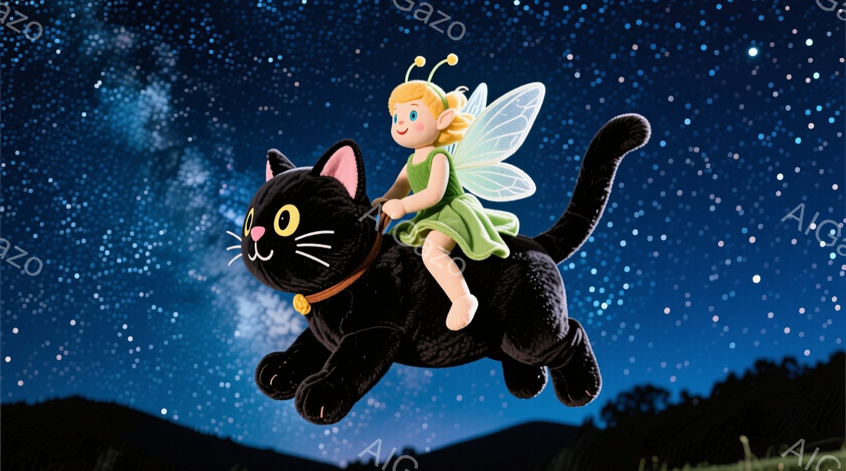 真っ黒な猫の背中に、緑色のドレスを着た小さな妖精が乗っています。妖精は金髪の髪にピンク色の頬を持ち、楽しそうに微笑んでいます。背景は夜空で、星が輝き、遠くにはシルエットになった丘や木々が見えます。 - AI生成フリー素材