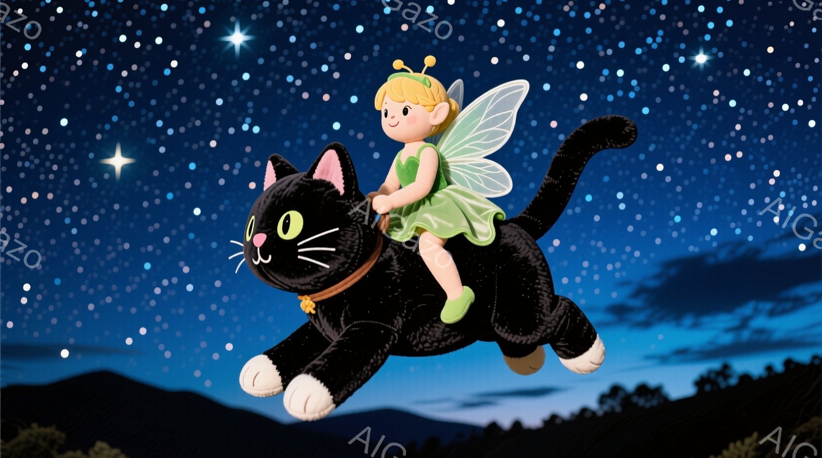 黒い猫の背中に、緑色のドレスを着た、金髪の妖精が乗っています。妖精は嬉しそうに微笑み、片手を上げています。背景は夜空で、星が輝き、遠くに緑色の丘が見えます。 - AI生成フリー素材