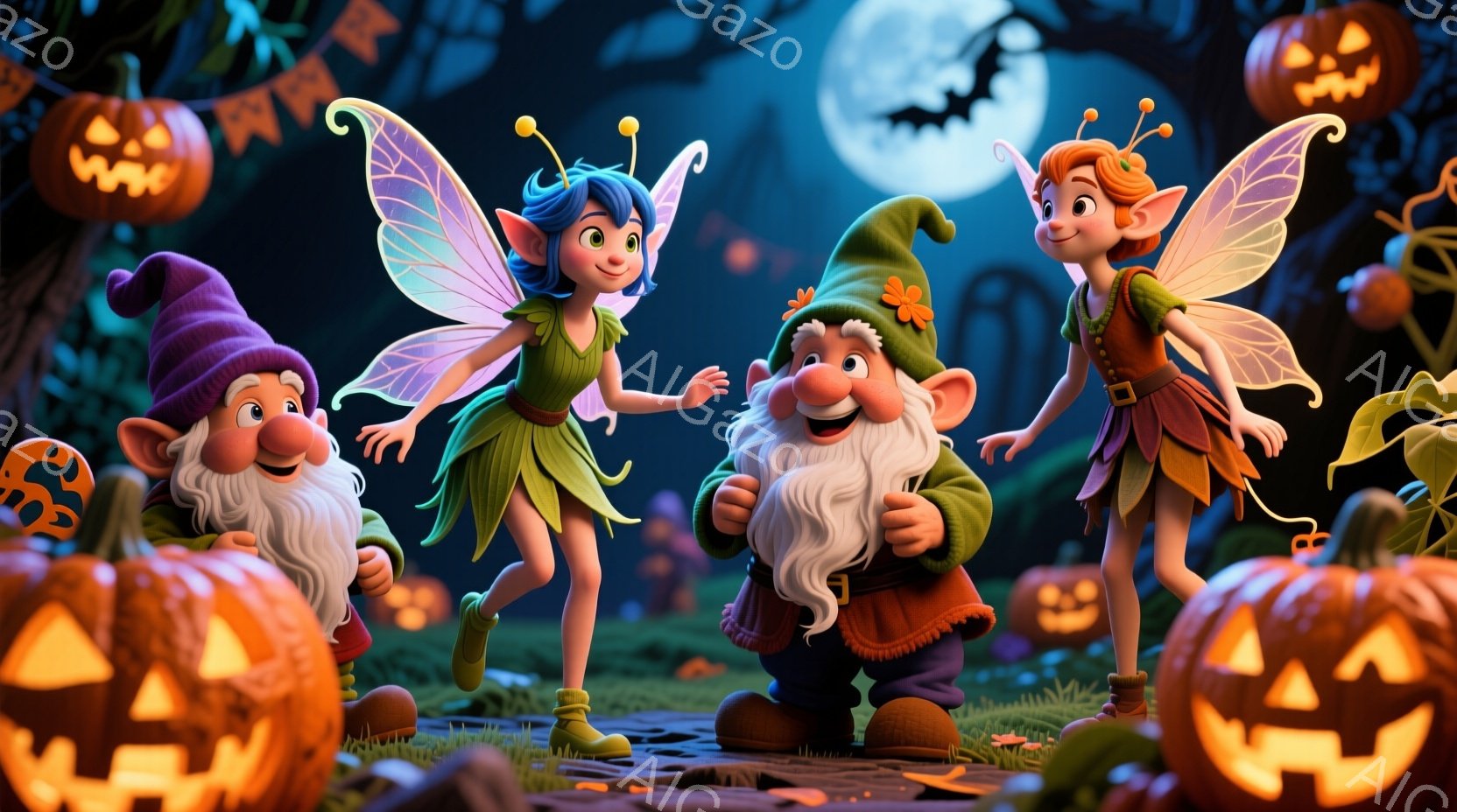 ハロウィーンをテーマにした鮮やかなイラストで、妖精のような女性と小人が、光るジャック・オー・ランタンに囲まれて楽しんでいます。女性は緑色の葉っぱのドレスと、透明感のある蝶のような羽を持ち、明るい笑顔でポーズを取っています。背景には月明かりが差し込む夜の森が広がり、不気味でありながらも楽しい雰囲気を醸し出しています。
