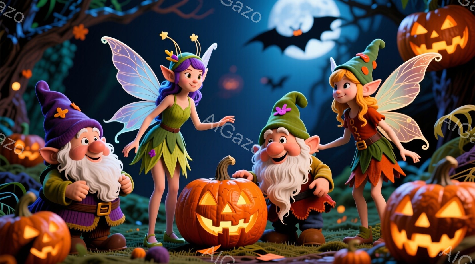魔法使いのような紫色の帽子をかぶった小柄な男たちが、彫刻されたジャック・オー・ランタンの周りに立っています。女性たちは緑とオレンジの衣装を着ており、精巧な羽を持っています。背景には不気味な木々と満月、そして空を舞うコウモリが描かれており、ハロウィーンの雰囲気を感じさせます。