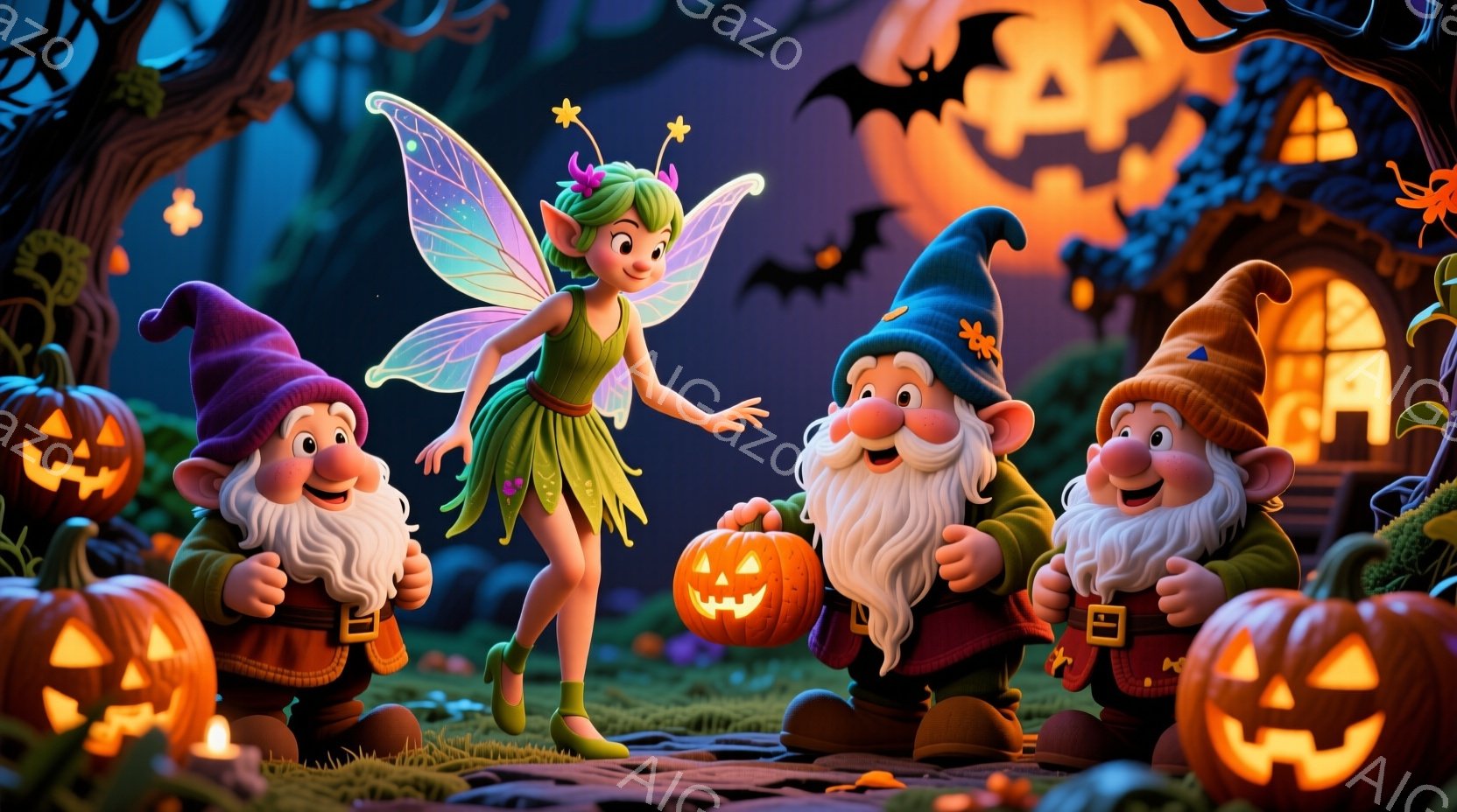 妖精が、彫刻されたカボチャを持っている2人の小人たちの間に立っています。妖精は緑色のドレスと羽、そして巻き毛の緑色の髪をしています。背景には、彫刻されたカボチャのランタンで飾られた、少し不気味な建物があり、暗い森と夜空が広がっています。