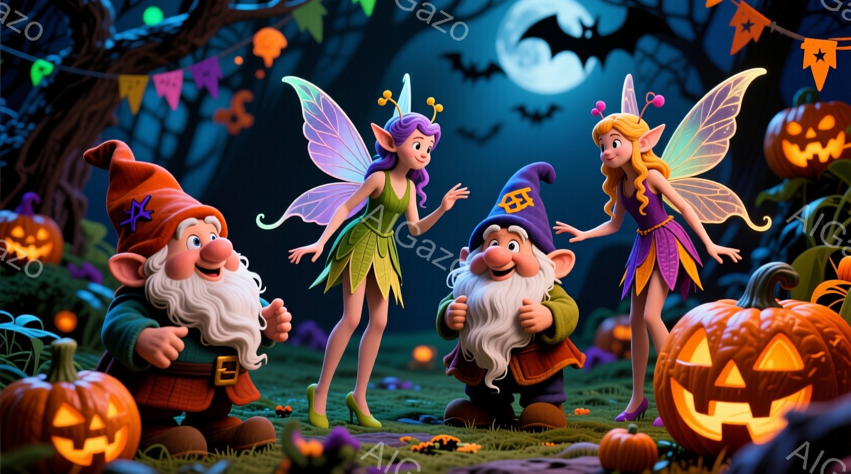 二人の妖精と二人の小人が、ハロウィーンの夜の風景の中にいます。妖精たちは紫色のドレスと緑色のハイヒールを履き、長い金髪をなびかせ、楽しそうに微笑んでいます。背景には、ジャック・オー・ランタンや茂み、そして月夜の空が広がっており、全体的に陽気でファンタジックな雰囲気が漂っています。