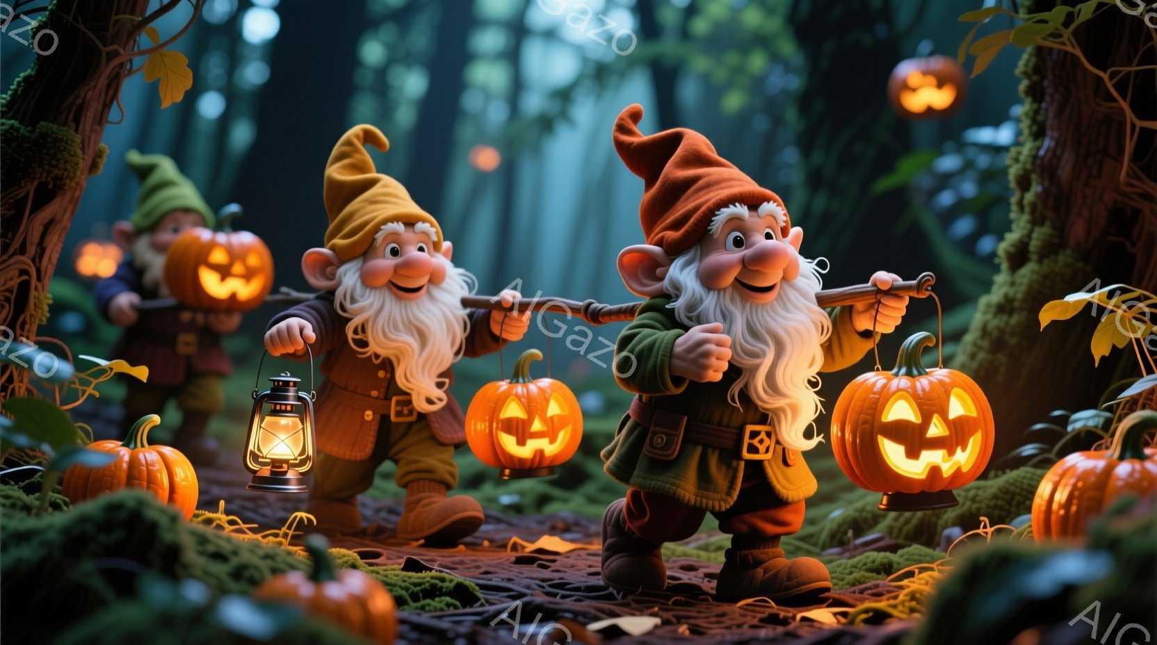 緑色の帽子と茶色の服を着た複数の小人が描かれており、それぞれがジャック・オー・ランタンを提灯のように持っています。彼らは森の奥深くに立っており、苔むした木々や落ち葉に囲まれています。全体的に、ハロウィ - AI生成フリー素材