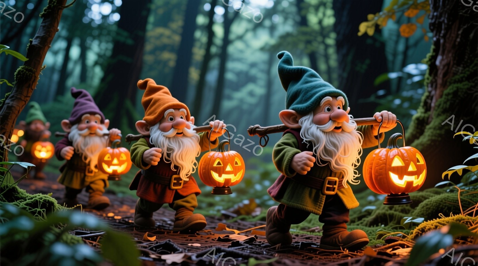 小さな妖精のような男たちが、それぞれカボチャのランタンを持って森の中を歩いている。彼らは緑、オレンジ、紫の帽子をかぶり、茶色や緑色の服を着ており、長い白いひげを生やしている。背景は暗い森で、落ち葉が敷 - AI生成フリー素材