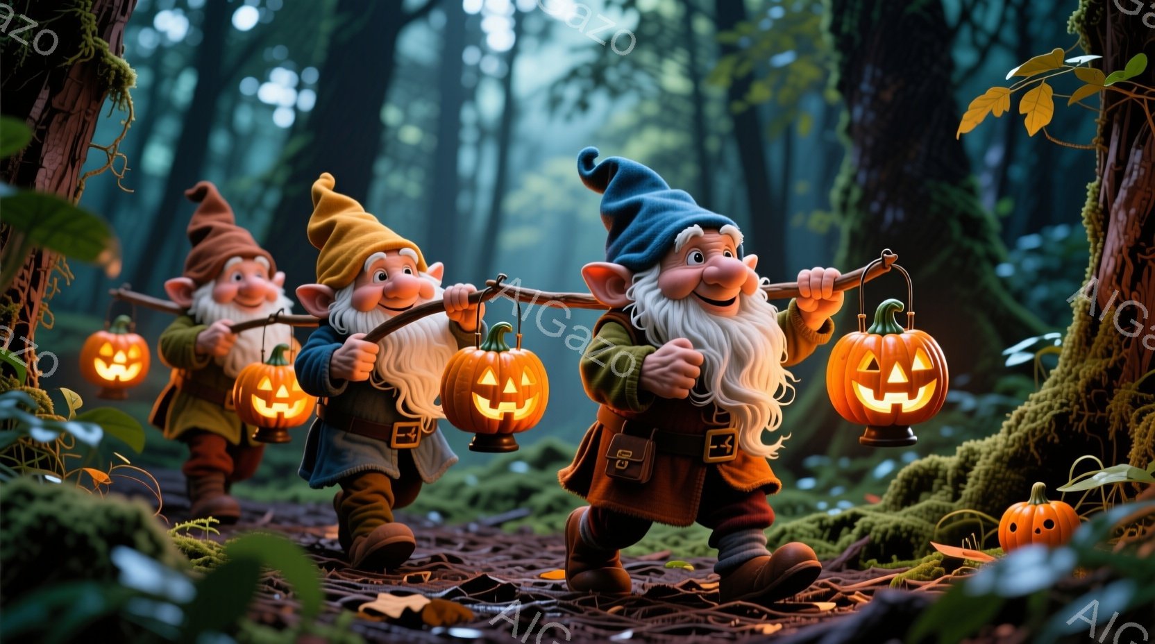 ３人の小人が、それぞれかぼちゃのランタンを担いで森の中を歩いている。彼らは青、赤、オレンジ色の服を着ており、白髪の長い髭と頭髪を持つ。背景には緑豊かな木々が生い茂り、地面には落ち葉が散らばっており、幻想的で温かい雰囲気である。