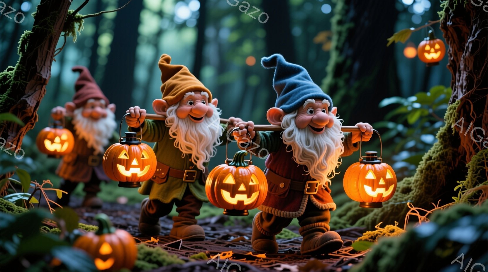 小さな妖精のような男たちが、それぞれカボチャのランタンを持って森の中を歩いている様子が描かれています。彼らは赤い帽子と青い帽子をかぶり、白いひげを蓄え、楽しそうな表情を浮かべています。背景には木々が生い茂り、地面にはカボチャが点在し、ハロウィンのような神秘的で暖かい雰囲気を醸し出しています。