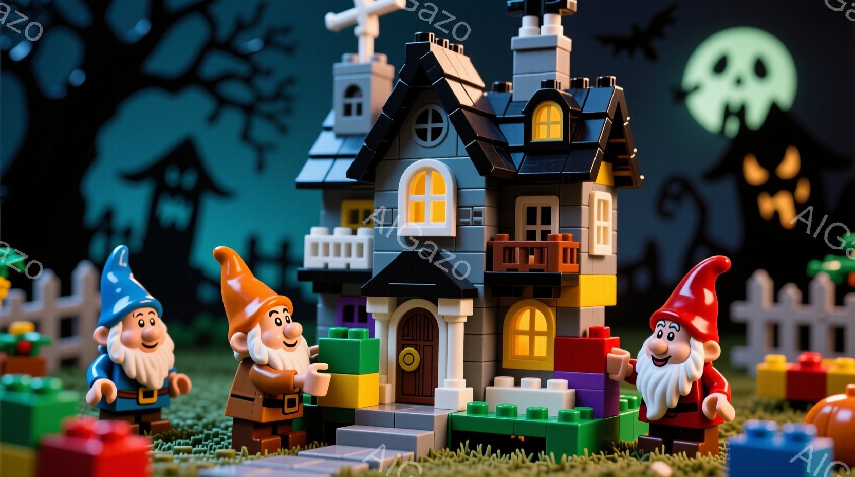 レゴブロックで作られたハロウィーンの風景で、３人の小人が明るい笑顔で家の前に立っています。小人はそれぞれ異なる色の帽子と服を着ており、白ひげを生やした老人のように見えます。背景には、シルエットの木々と幽霊のような形、そしてオレンジ色のカボチャが配置され、ハロウィーンの夜らしい不気味で楽しい雰囲気を醸し出しています。