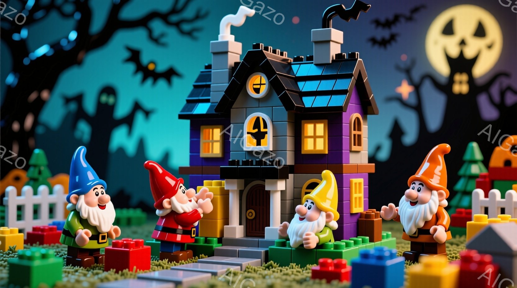 レゴブロックで作られたハロウィーンの風景で、紫とオレンジ色の家が中央にあります。家の周りには、それぞれ異なる色の帽子をかぶった、白いひげを生やしたレゴの小人が立っており、楽しそうな表情をしています。背景には、黒いシルエットの木々と、満月とコウモリが描かれ、全体的に愉快で少し不気味なハロウィーンの雰囲気を作り出しています。