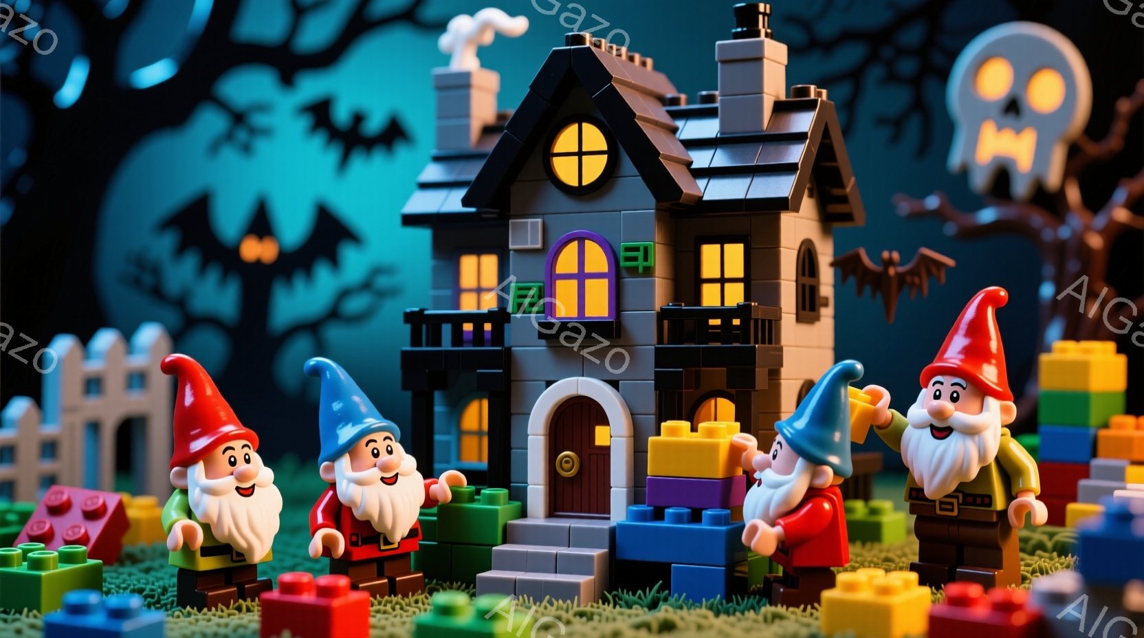 レゴブロックで作られたハロウィーンの情景です。青、赤、緑の帽子を被った小さな男たちが、明るい笑顔で家の前に立っています。背景には、不気味なシルエットの木々とコウモリ、そしてレンガで作られた小さな建物が見え、全体的に陽気で楽しいハロウィーンの雰囲気が漂っています。