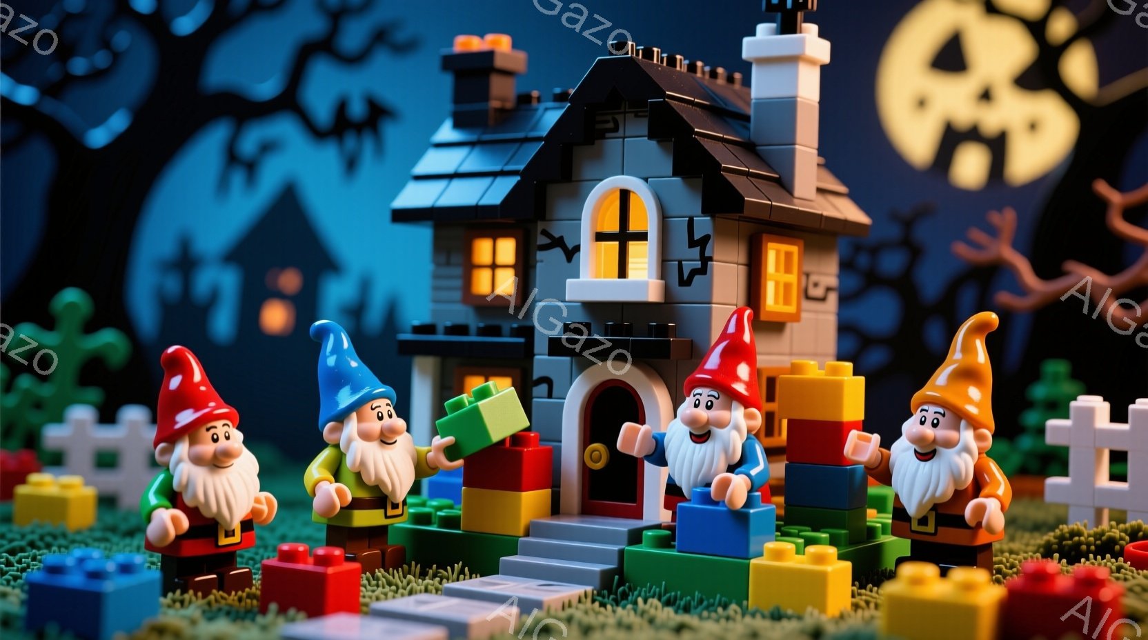 レゴブロックで作られたハロウィーンのシーンです。四人の小さなレゴの妖精のようなキャラクターが、オレンジ、白、黒の配色で、それぞれ違った色の帽子をかぶり、笑顔を浮かべています。背景には、お化け屋敷のような建物と、不気味なシルエットの木々、そして暗い青色の空が広がっており、全体的にハロウィーンらしい、かわいらしくも少し不気味な雰囲気を醸し出しています。