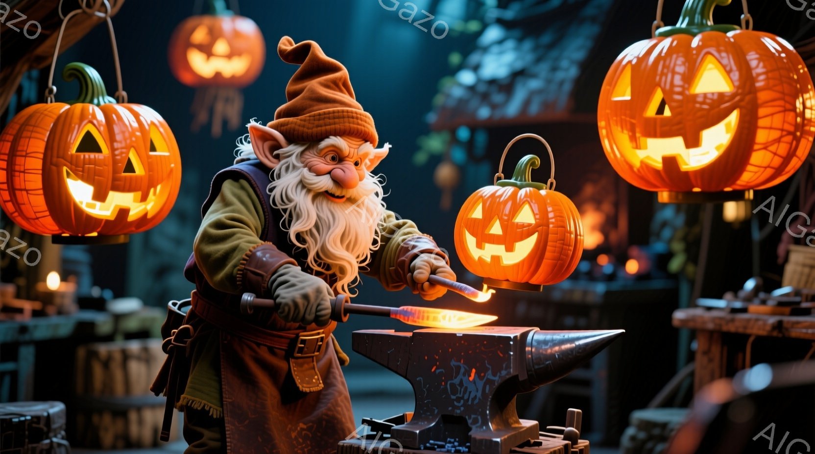 小柄な妖精のような男性が鍛冶場で金属を叩いている様子が描かれています。彼は緑色の帽子と茶色の革製の作業着を身に着け、白い髭を生やしており、集中した表情で金属を扱っています。背景には彫刻が施されたカボチャが浮かび、薄暗い鍛冶場の内部で暖かく不気味な雰囲気を作り出しています。