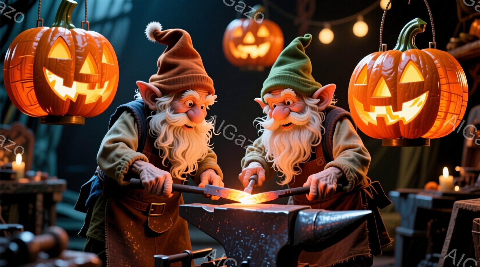 2人の小柄な鍛冶屋が、熱く輝く金属を金床の上で鍛えている様子が描かれています。彼らは緑色の帽子と茶色のエプロンを着ており、長く白い髭と顎髭を生やしています。背景にはカボチャのランタンが吊り下げられ、暗い工房の中に暖かく幻想的な雰囲気を醸し出しています。