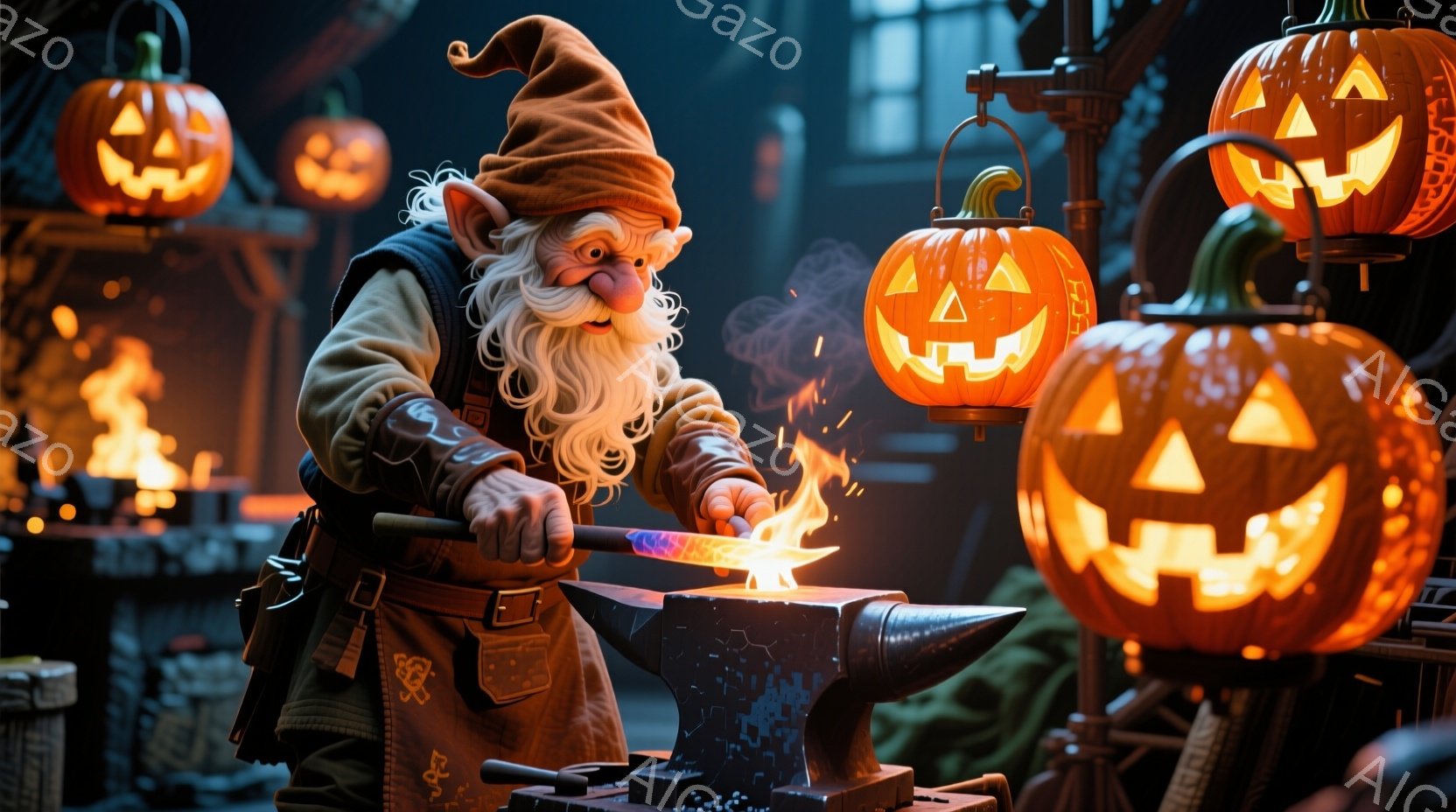 白髭を生やした小柄な男が鍛冶場で金属を叩いている。彼は革製のエプロンとベストを着ており、頭には尖った帽子をかぶっている。背景には明るく照らされたジャック・オー・ランタンが複数並び、鍛冶場の暗闇と鮮やかなオレンジ色の光が対照的で、ハロウィーンの雰囲気を醸し出している。
