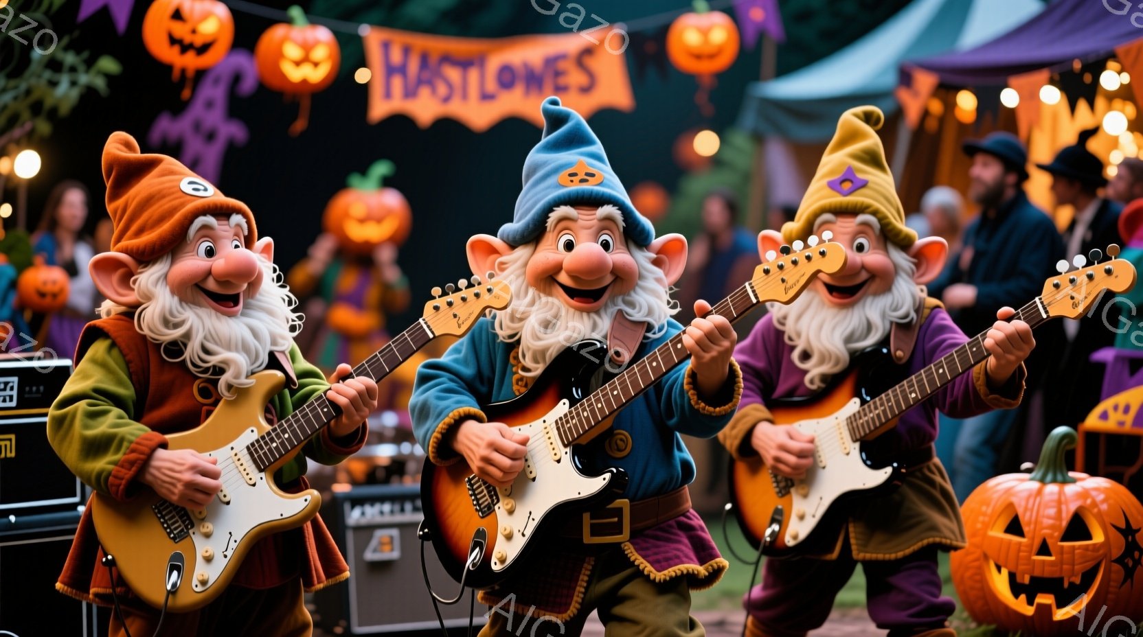 紫、オレンジ、紫の帽子と服を着た３人の小人が、それぞれ電気ギターを演奏している様子が写っています。彼らは楽しそうな表情で、演奏に熱中しており、背景にはハロウィーンの装飾や観客が見えます。全体的に、陽気で楽しいハロウィーンの夜のライブ演奏の雰囲気が漂っています。