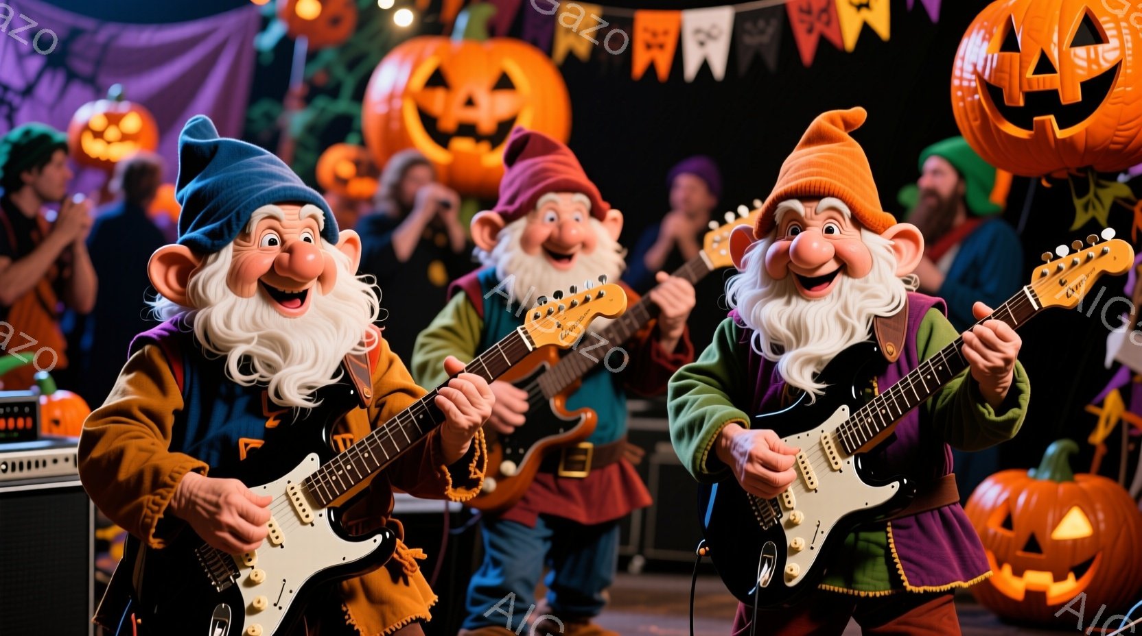 電気ギターを演奏する3人の白ひげの小人が写っています。彼らはそれぞれ異なる色の帽子と緑色のジャケットを着ており、活気に満ちた表情で演奏に集中しています。背景には、パンプキンや他のミュージシャンがおり、ハロウィーンのような賑やかな雰囲気です。