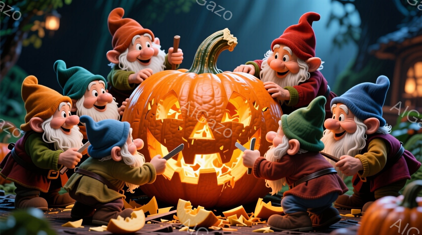 小人たちが大きなカボチャの周りに集まり、ナイフを使ってジャック・オー・ランタンを作っています。彼らは赤い帽子と色とりどりの服を着ており、楽しそうな表情で作業に取り組んでいます。背景には、ぼんやりとした建物と暗い自然が見え、全体的にハロウィーンの温かく楽しい雰囲気を醸し出しています。