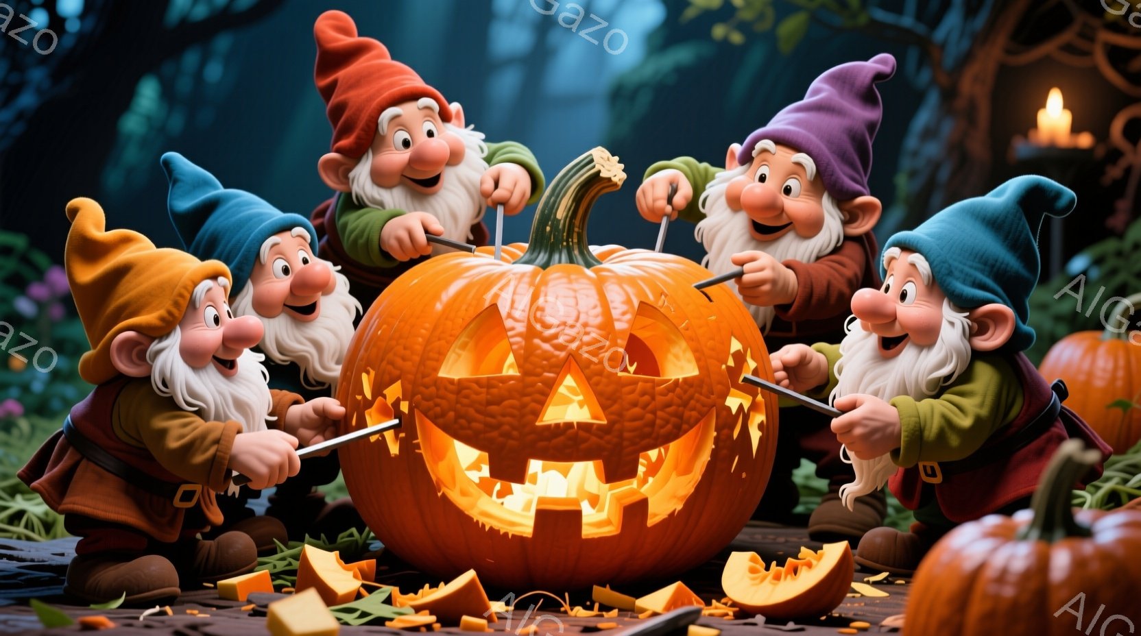 小柄な妖精たちが、大きなカボチャを囲んで、笑顔でジャック・オー・ランタンを作っています。彼らはそれぞれ異なる色の帽子と、茶色のベルトで固定された赤いベストを着ており、白い長いひげと笑顔が印象的です。背景には、ぼんやりとした建物と自然があり、暖かい光がハロウィーンらしい雰囲気を作り出しています。