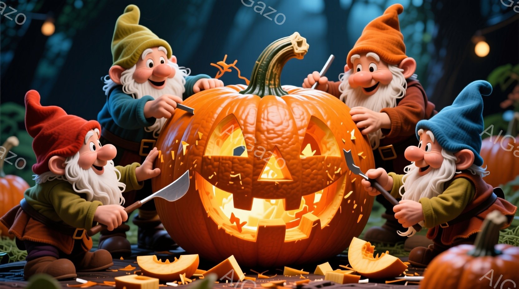 四人の小人が大きなカボチャの周りに集まり、カボチャをくり抜いています。彼らは緑の服と様々な色の帽子（赤、オレンジ、緑、紫）を身につけ、白いひげを生やしています。背景には緑豊かな草地と暗い森が広がり、夜の雰囲気の中でカボチャの内部から温かい光が放たれています。