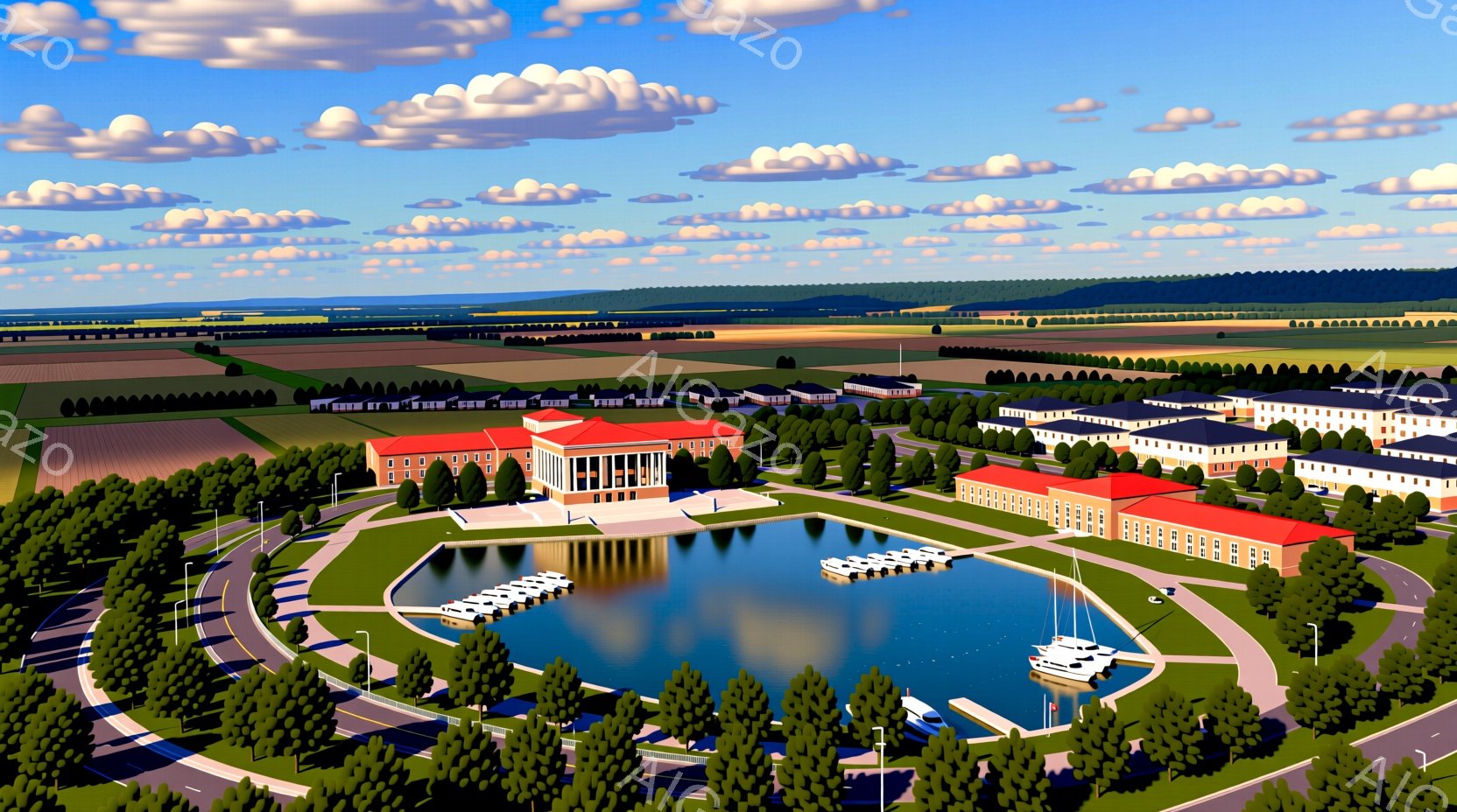 広大な敷地内に、整然と配置された建物群と池が広がっている。建物は主に白と赤の配色で、クラシカルなデザインが特徴的で、周囲は緑豊かな木々で囲まれている。空は晴れ渡り、白い雲が浮かび、穏やかで落ち着いた雰囲気を醸し出している。