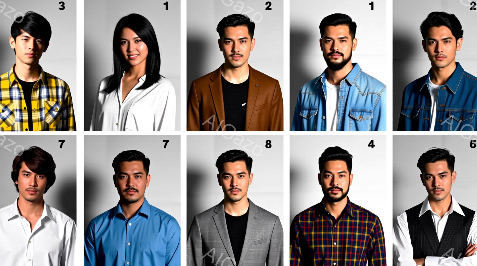 9人目の男性はチェック柄のシャツを着ており、口ひげを生やしています。表情は真剣で、自信に満ちています。白背景が、彼の表情を際立たせています。