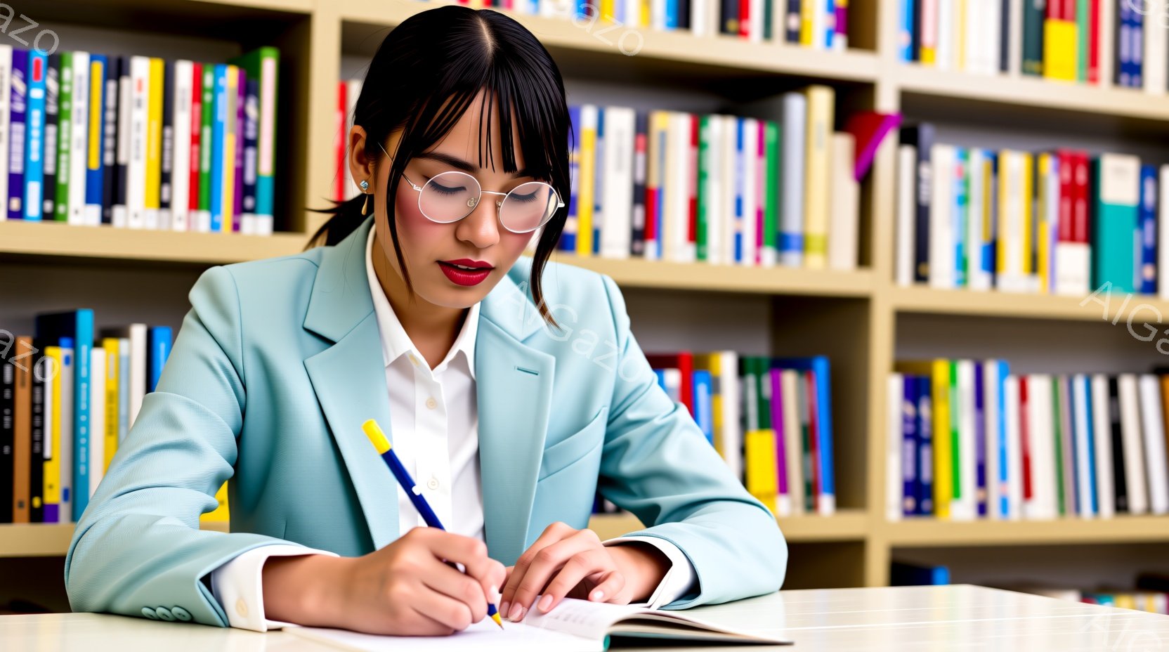 青いスーツジャケットと白いシャツを着た女性が、クリーム色のテーブルに座ってノートにペンで何か書き込んでいる。彼女は眼鏡をかけ、髪を後ろでまとめているが、集中した表情で下を見ている。背景には、様々な色の本で埋め尽くされた本棚が並び、知的で落ち着いた雰囲気を醸し出している。
