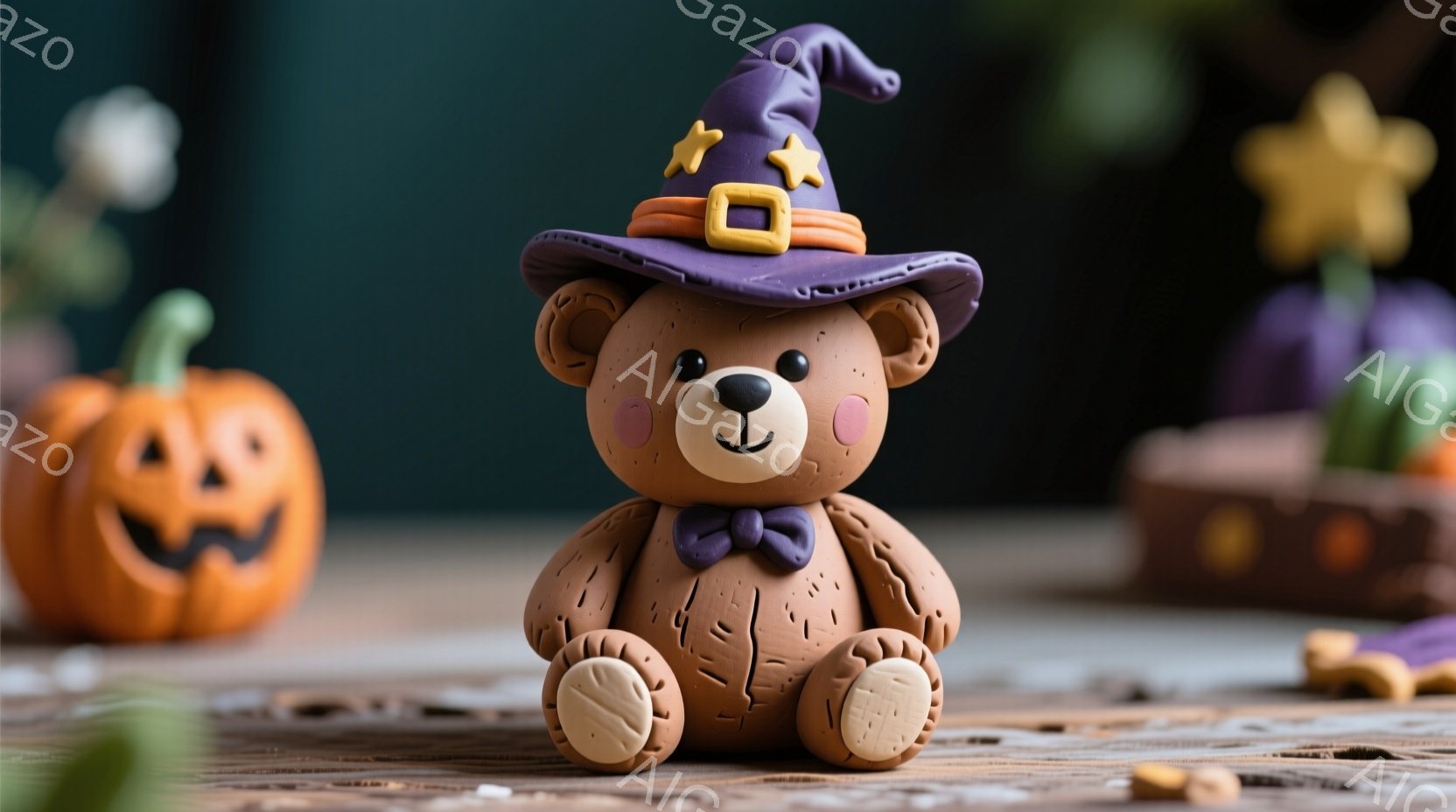 粘土で作られたテディベアが、ハロウィーンらしい紫色の帽子と蝶ネクタイを身に着けて座っています。背景には、ハロウィーンの装飾品であるカボチャやその他の置物が散りばめられ、お祝いの雰囲気を醸し出しています。全体的に温かみのある色合いと、手作り感のあるテクスチャが、可愛らしいハロウィーンの雰囲気を演出しています。