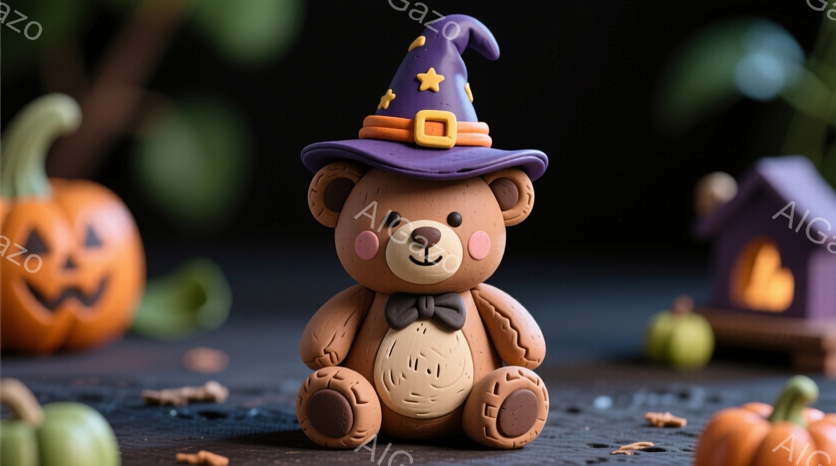 粘土のような質感の茶色のクマの人形が、ハロウィーン風の帽子と蝶ネクタイをつけて座っています。背景には、かぼちゃのランタン、緑色の茎のついたかぼちゃ、そしてハロウィーンらしい家がぼんやりと見え、落ち葉が散らばっています。全体的に、ハロウィーンの楽しい雰囲気が漂う、可愛らしいシーンです。