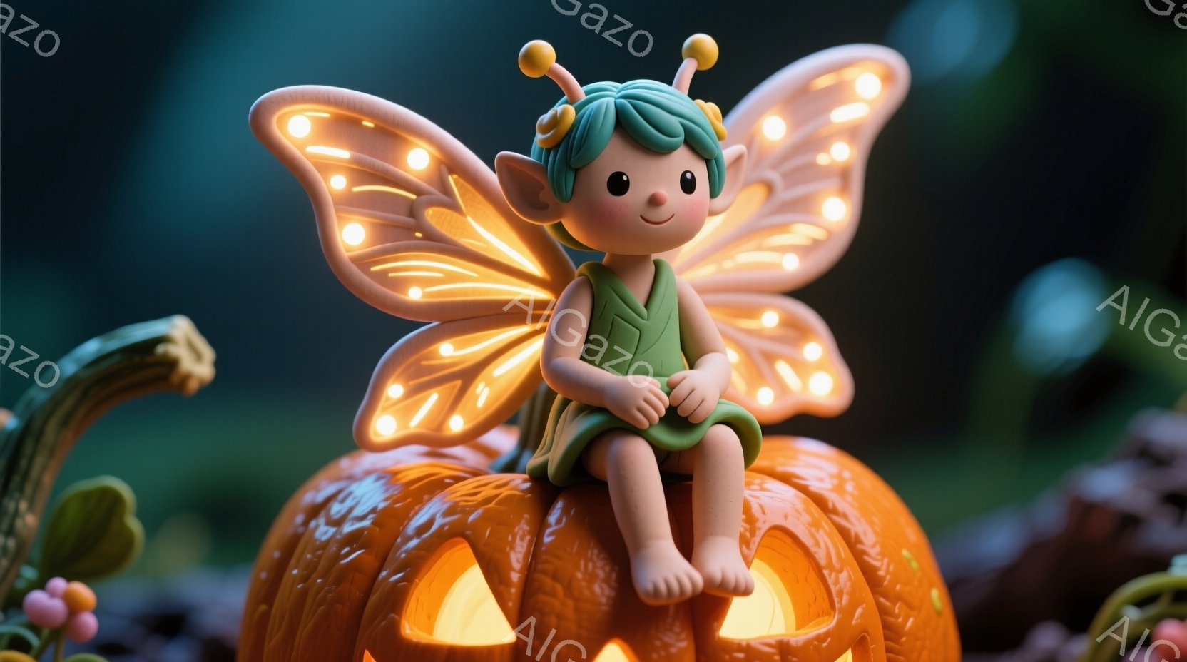 緑色の髪にアンテナのような飾りをつけた小さな妖精が、ジャック・オー・ランタンの上に座っています。妖精は緑色のドレスを着ており、顔には穏やかな微笑みが浮かんでいます。背景には、暗い森と絡み合った植物が見 - AI生成フリー素材