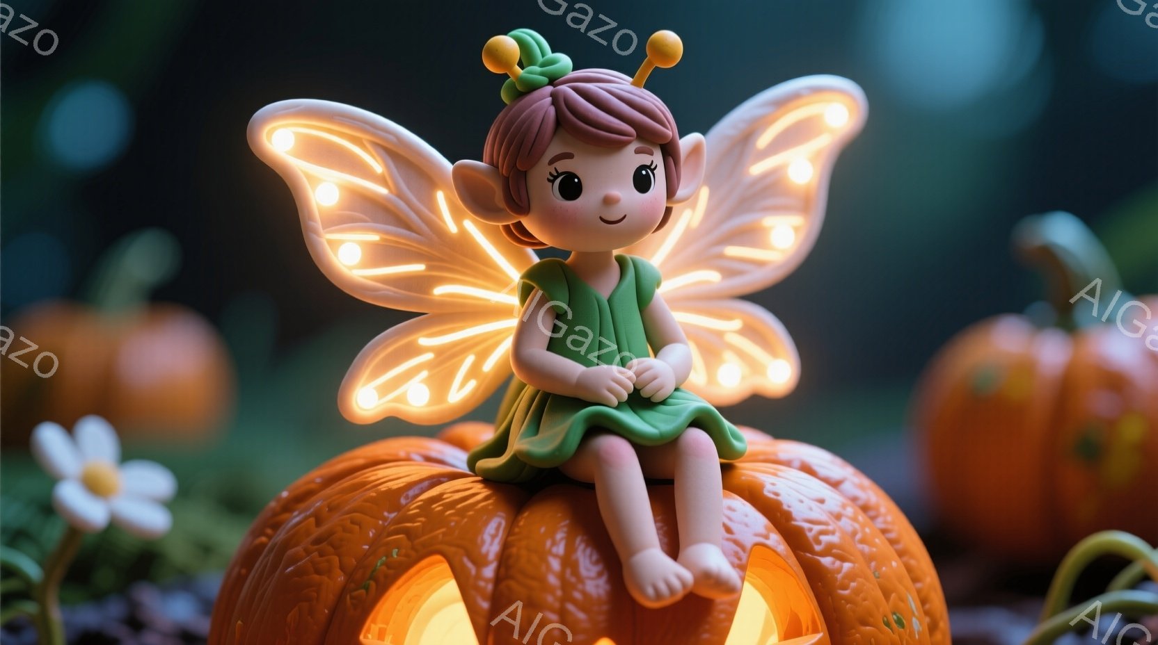 鮮やかなオレンジ色のカボチャの上で、緑色のドレスを着た小さな妖精が座っています。彼女は赤茶色の巻き毛に花飾りをつけ、穏やかな笑顔を浮かべています。背景にはぼやけたオレンジ色のカボチャや白い花が点在し、 - AI生成フリー素材