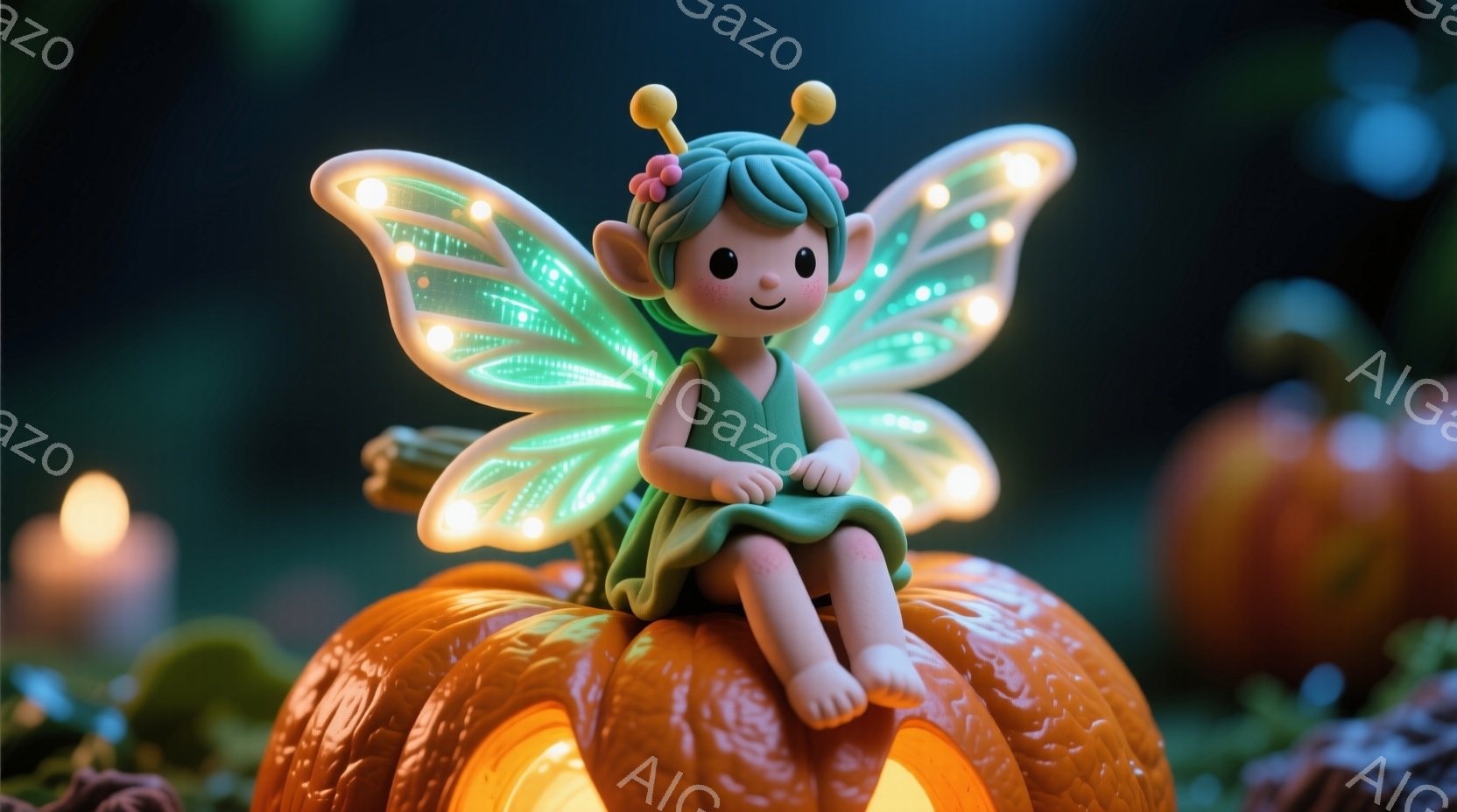 緑色のワンピースを着た小さな妖精が、オレンジ色のカボチャの上に座っています。彼女は巻き毛の緑色の髪と、光る羽を持っています。背景にはぼやけたカボチャや光が散りばめられており、ハロウィンのような、暖かく - AI生成フリー素材