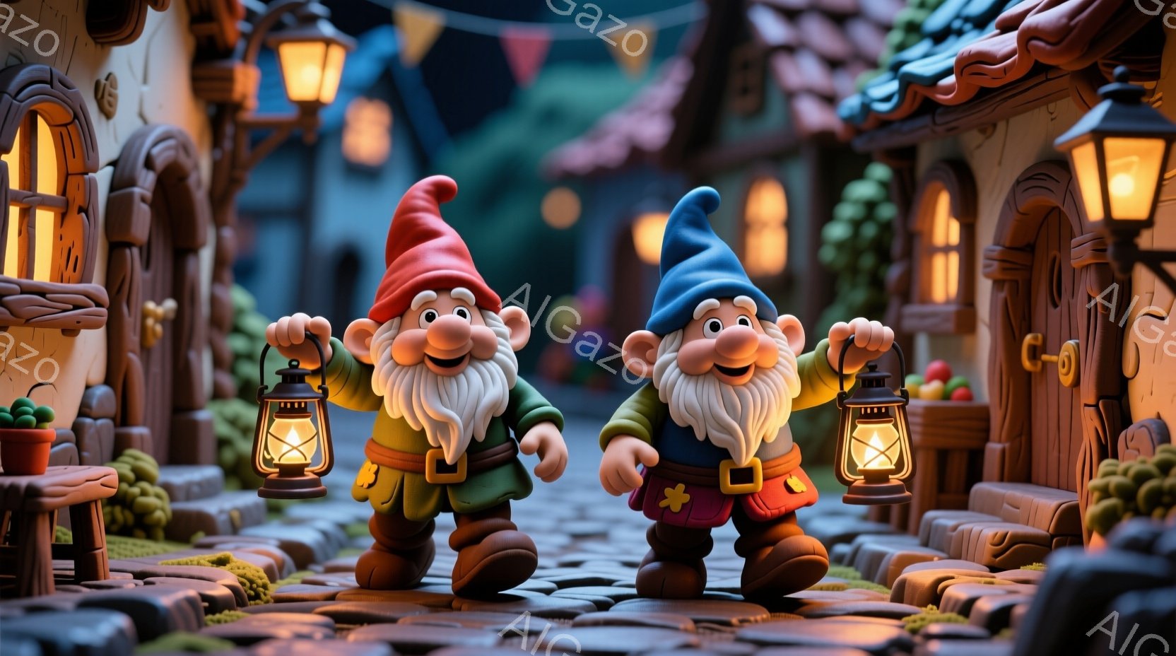 庭師のような小柄な男たちが、それぞれ赤い帽子と青い帽子をかぶり、長い白いひげを生やしています。彼らは手に提灯を持ち、石畳の道を進んでおり、表情は陽気で楽しそうです。背景には、カラフルな屋根の建物や緑の植物が見え、ファンタジーのような温かく魅力的な雰囲気です。