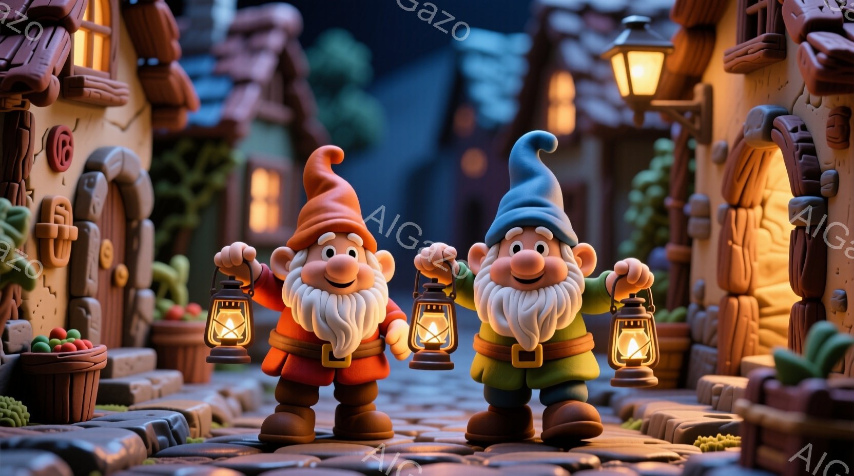 2人の小人が石畳の道に立っており、それぞれ手に提灯を持っています。彼らは赤と緑のカラフルな服を着ており、白い長い髭と笑顔が特徴的です。背景には、趣のある建物が並び、提灯の光が温かい雰囲気を作り出しています。