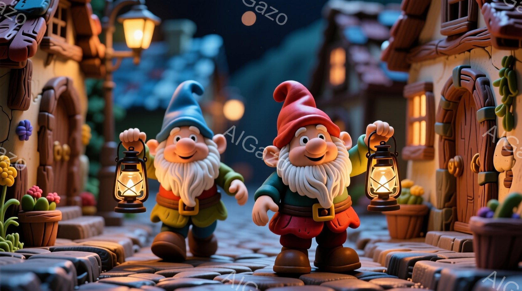 庭の小道に立つ2人の小人が描かれています。彼らは赤いジャケットとズボン、そしてそれぞれ異なる色のとんがり帽子をかぶっており、顔にはにっこりとした笑顔が浮かんでいます。背景には、レンガ造りの壁や植物が茂る建物があり、夜空には月が輝き、温かく幻想的な雰囲気を醸し出しています。