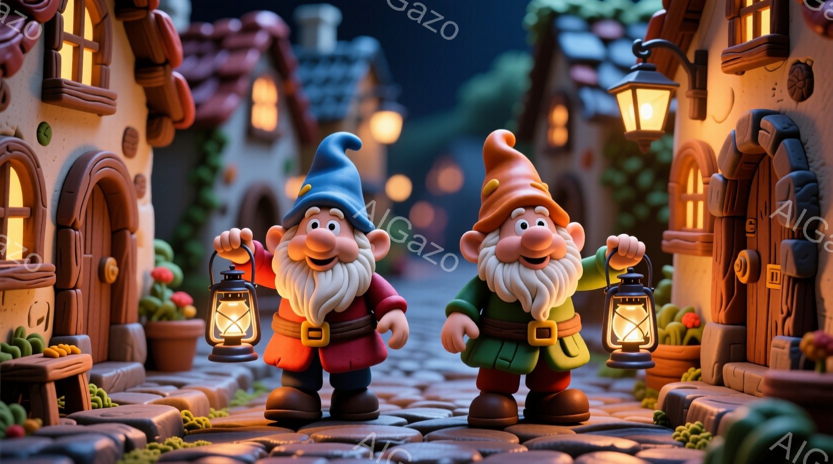 ひげを生やした2人の小人が、石畳の道で提灯を持って立っています。彼らは赤いジャケットと茶色のズボンを着用し、片方は青い帽子、もう片方は赤い帽子を被っています。背景には、点灯した窓のあるカラフルな家々が並び、全体的に温かく幻想的な雰囲気です。