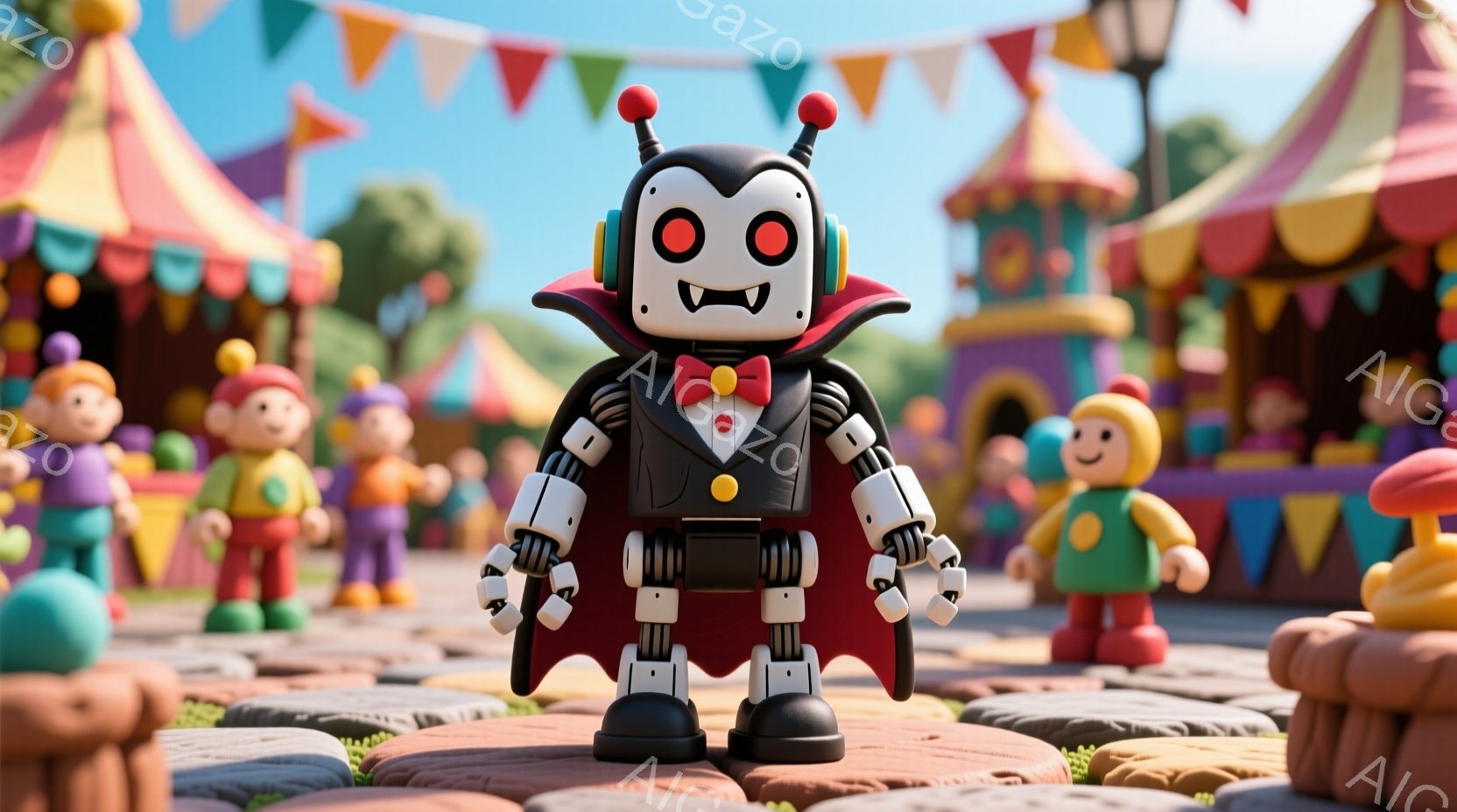 黒いロボットが吸血鬼風の衣装を着て立っている。赤いケープとベスト、そして赤い蝶ネクタイが印象的で、顔は白く、目は大きく赤い。背景にはカラフルなテントや人々がおり、まるでサーカスのようであり、全体的に陽気で楽しい雰囲気である。