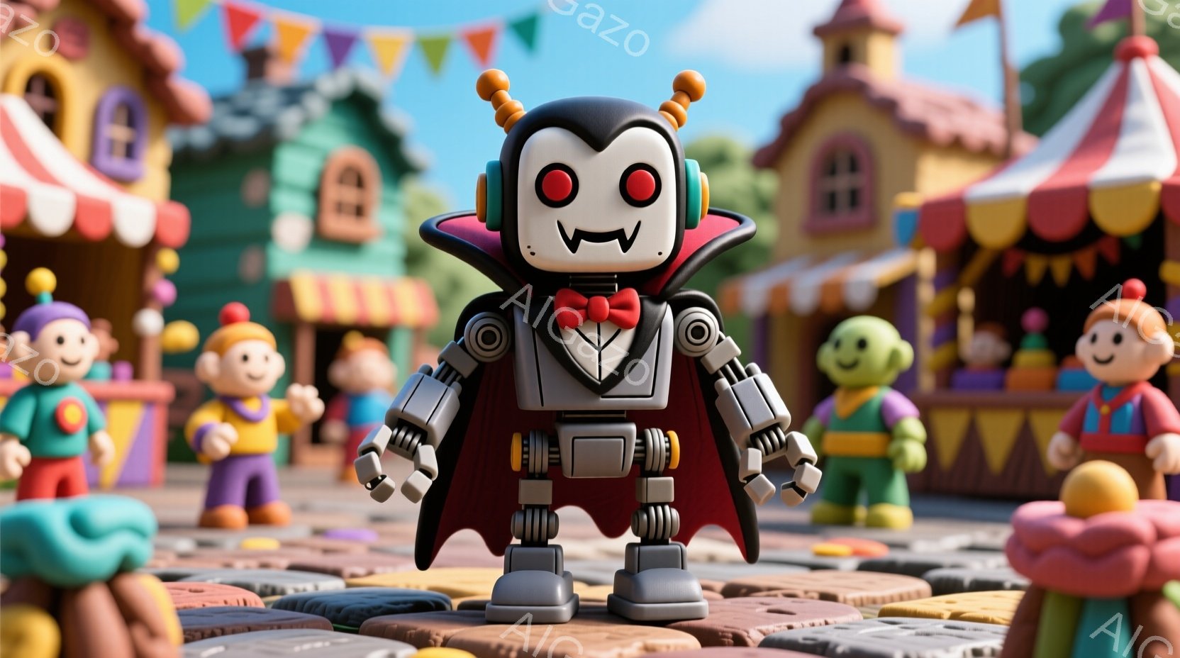 カラフルな粘土のような世界で、ロボットの吸血鬼が中央に立っています。ロボットは黒い髪の毛のようなアンテナ、赤い目、そして特徴的な吸血鬼の衣装を着ており、マントは深紅色で、胸元には白いシャツと黒いベストを着用しています。背景には、カラフルな建物、緑の芝生、そして明るい空が広がっており、全体的に陽気で楽しい雰囲気が漂っています。