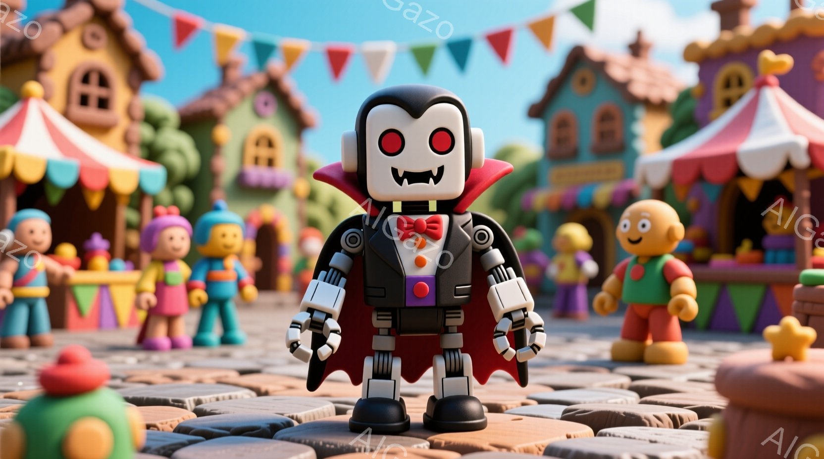 ロボットの吸血鬼が、カラフルな町並みを背景に立っている様子を描いています。吸血鬼ロボットは、黒いスーツと赤いケープ、赤い蝶ネクタイを身につけ、機械的な顔に大きな目と鋭い牙を持っています。背景には、色とりどりの屋根を持つ可愛らしい建物が並び、小さな人々が楽しそうに立っています。