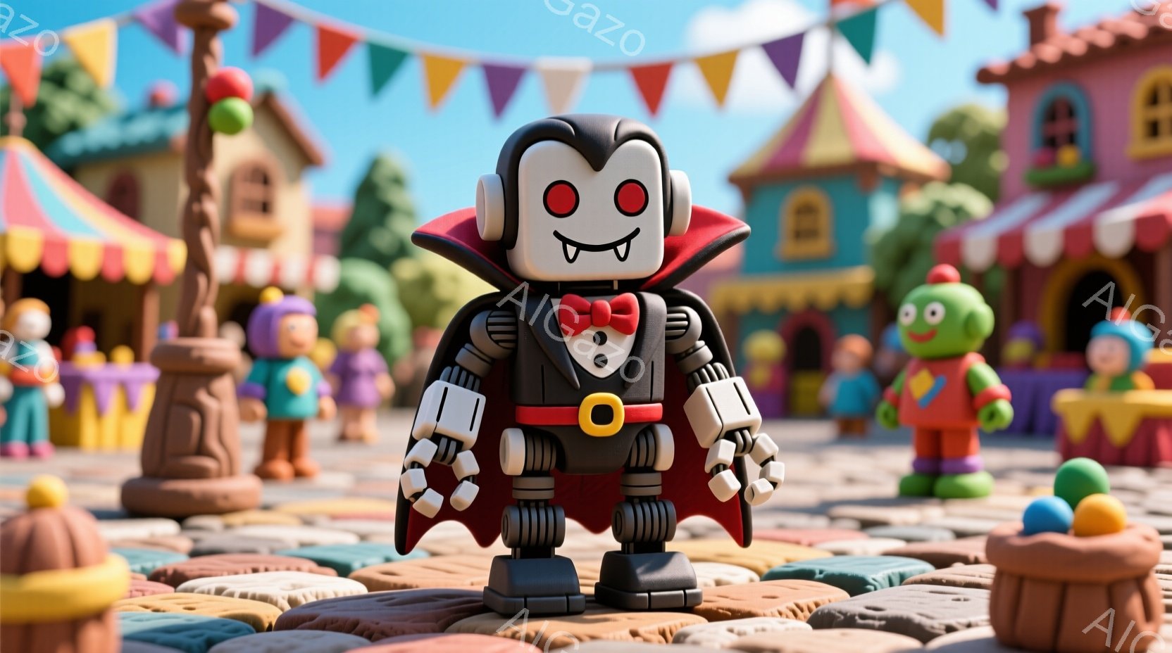 レンガ造りの広場に立つロボットの吸血鬼を描いています。ロボットは黒いスーツ、赤いマント、赤い蝶ネクタイを着用し、少し不気味な笑顔を浮かべています。背景にはカラフルな建物、旗、木々があり、明るく陽気な雰囲気を作り出しています。
