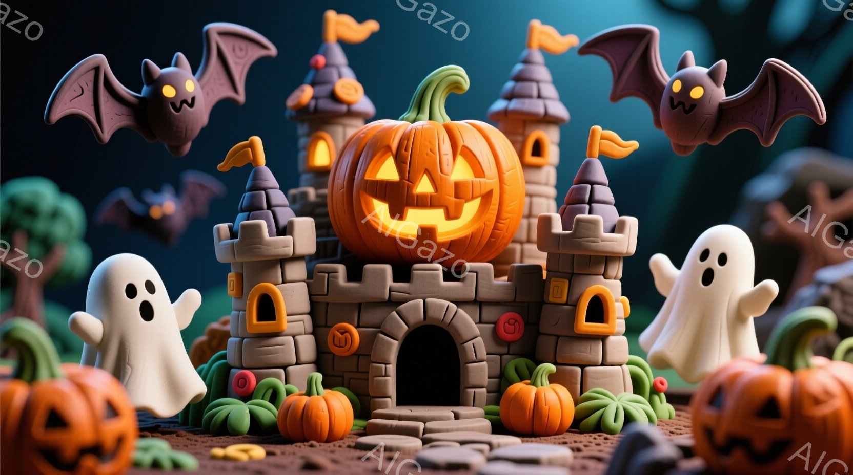 ハロウィーンをテーマにした可愛らしい粘土のような世界が描かれています。カボチャの形をした塔を持つお城を中心に、幽霊やコウモリ、様々なカボチャが配置されています。背景には暗い森が広がり、全体的に楽しいお祝いの雰囲気です。