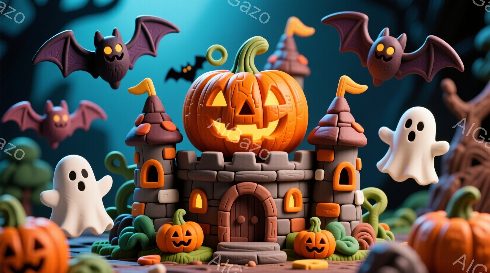 ハロウィーンをテーマにした粘土のような可愛らしいシーンです。お城のような建物が中央にあり、その上に大きなジャック・オ・ランタンが飾られています。周りには幽霊やコウモリ、小さなカボチャが配置され、お祭り気分を盛り上げています。