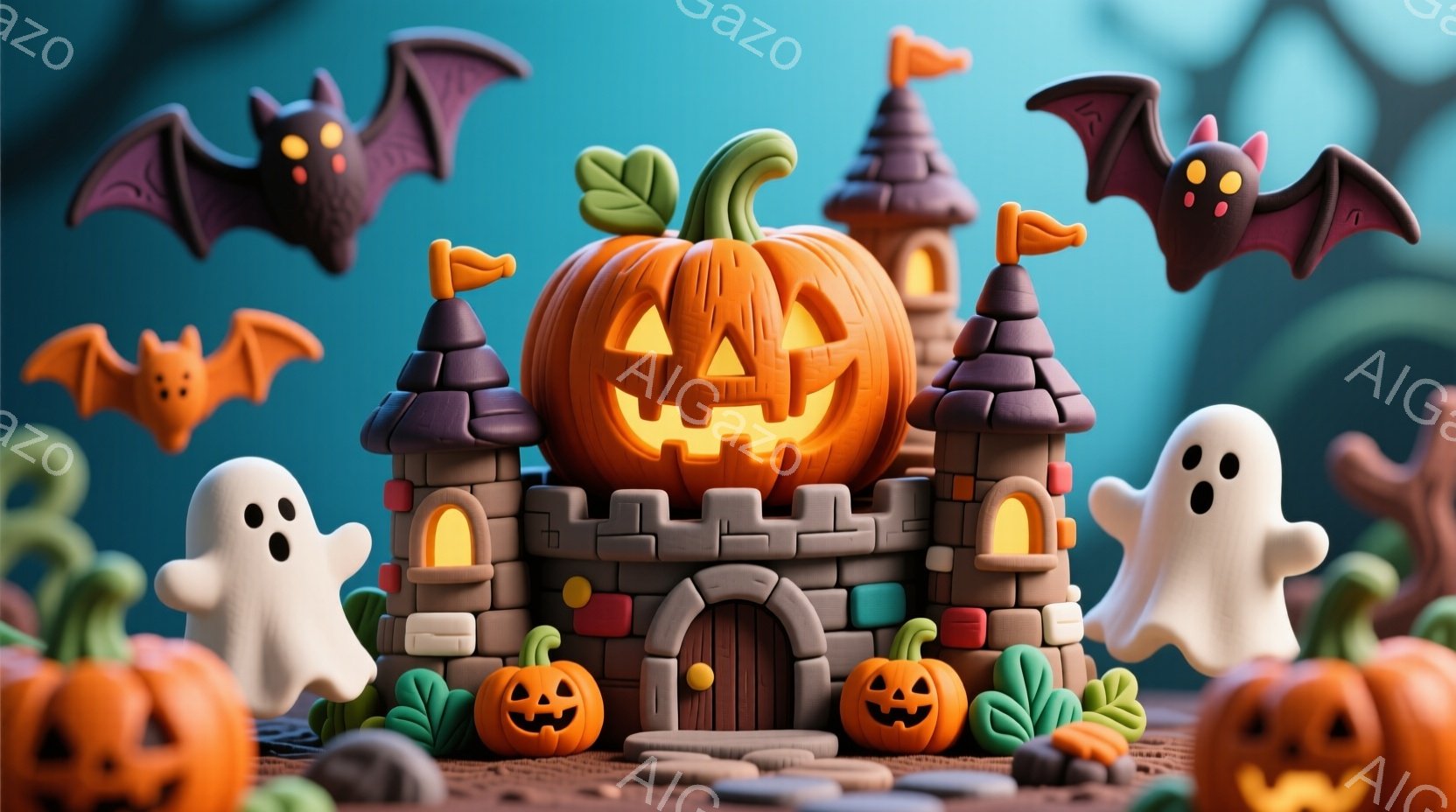 ハロウィーンをテーマにした可愛らしい粘土のようなイラストです。中央にはカボチャで作られた城があり、その周りには幽霊やコウモリ、小さなカボチャが配置されています。全体的に明るい色使いと丸みを帯びたフォルムで、お祭りらしい楽しい雰囲気が表現されています。